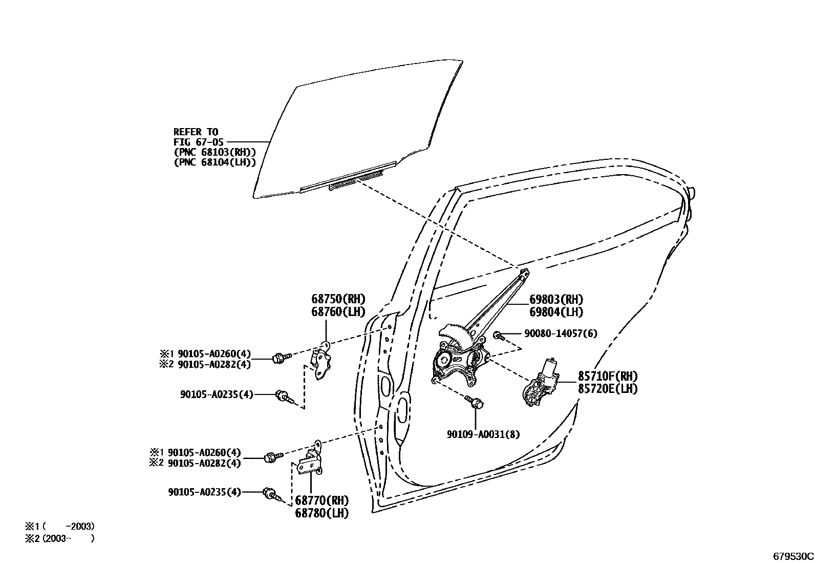 Toyota CAMRY 后门车窗升降器和合页 EPC diagram — 679530C