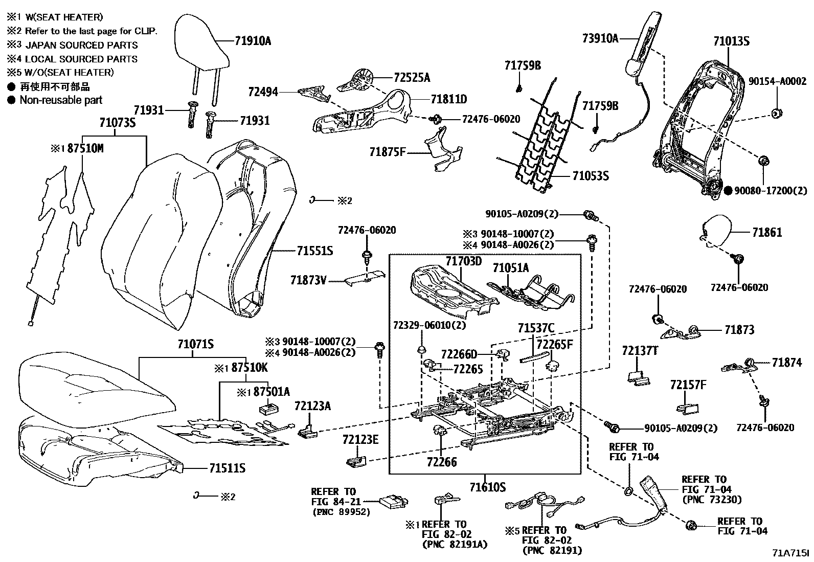 Toyota CAMRY 前排座椅和座椅滑轨 EPC diagram — 71A715I