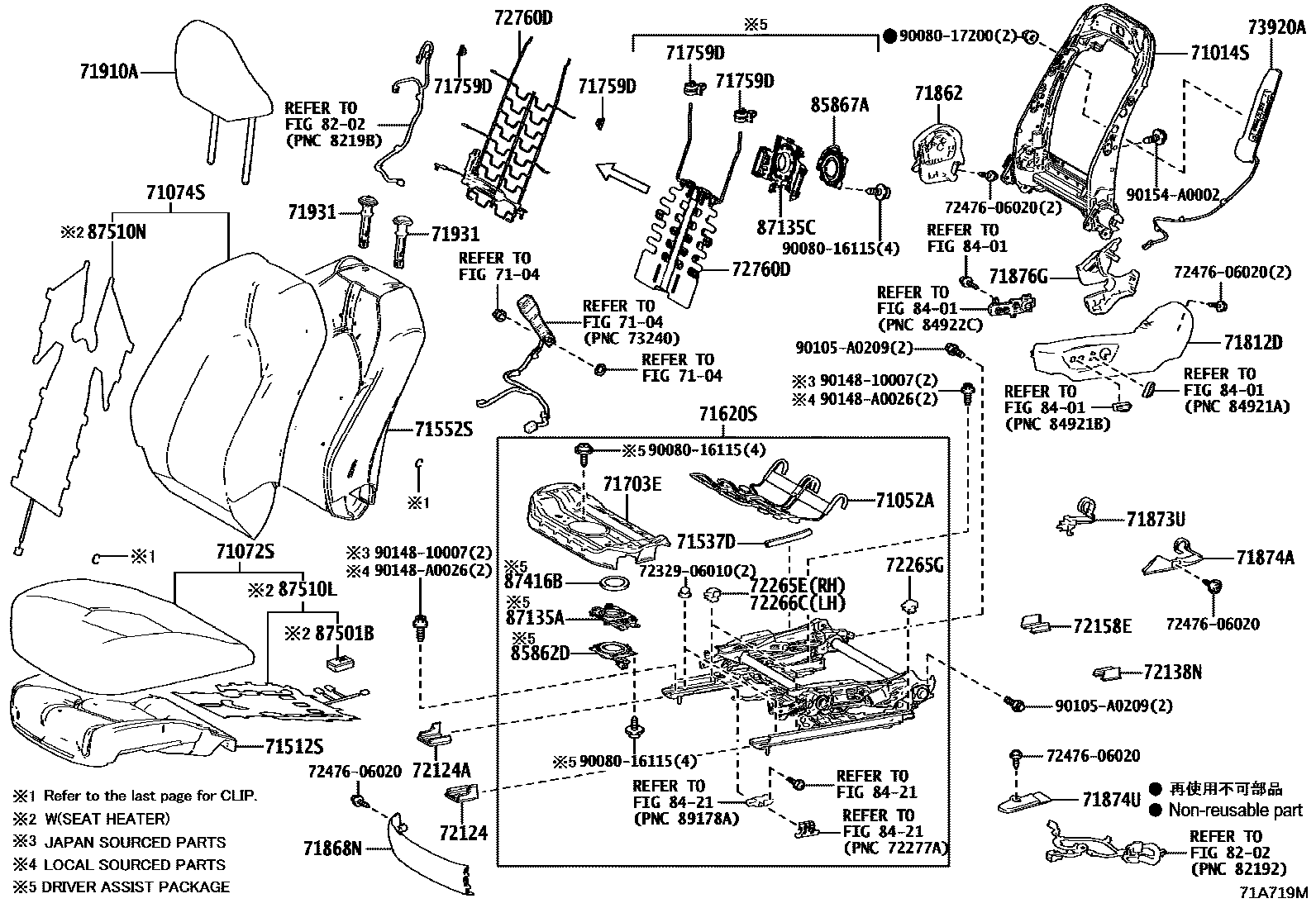 Toyota CAMRY 前排座椅和座椅滑轨 EPC diagram — 71A719M