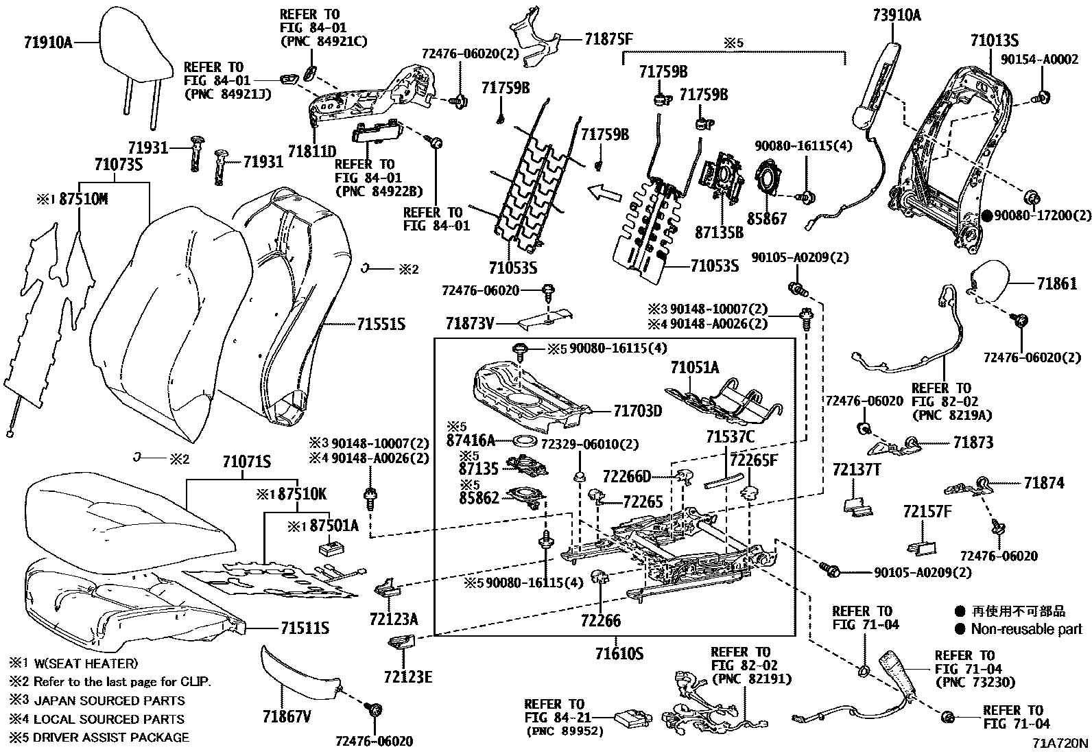 Toyota CAMRY 前排座椅和座椅滑轨 EPC diagram — 71A720N