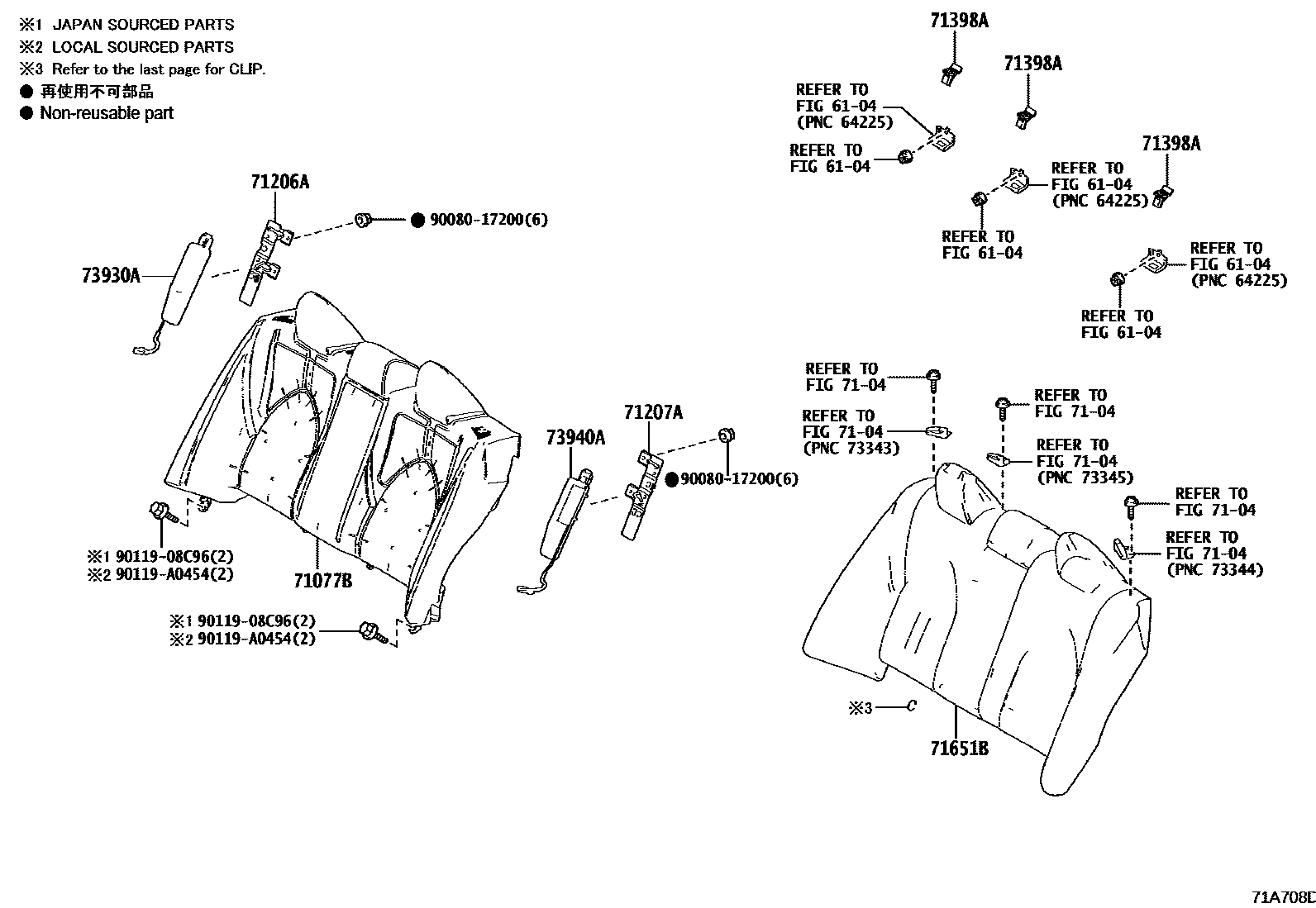 Toyota CAMRY 后排座椅和座椅滑轨 EPC diagram — 71A708D