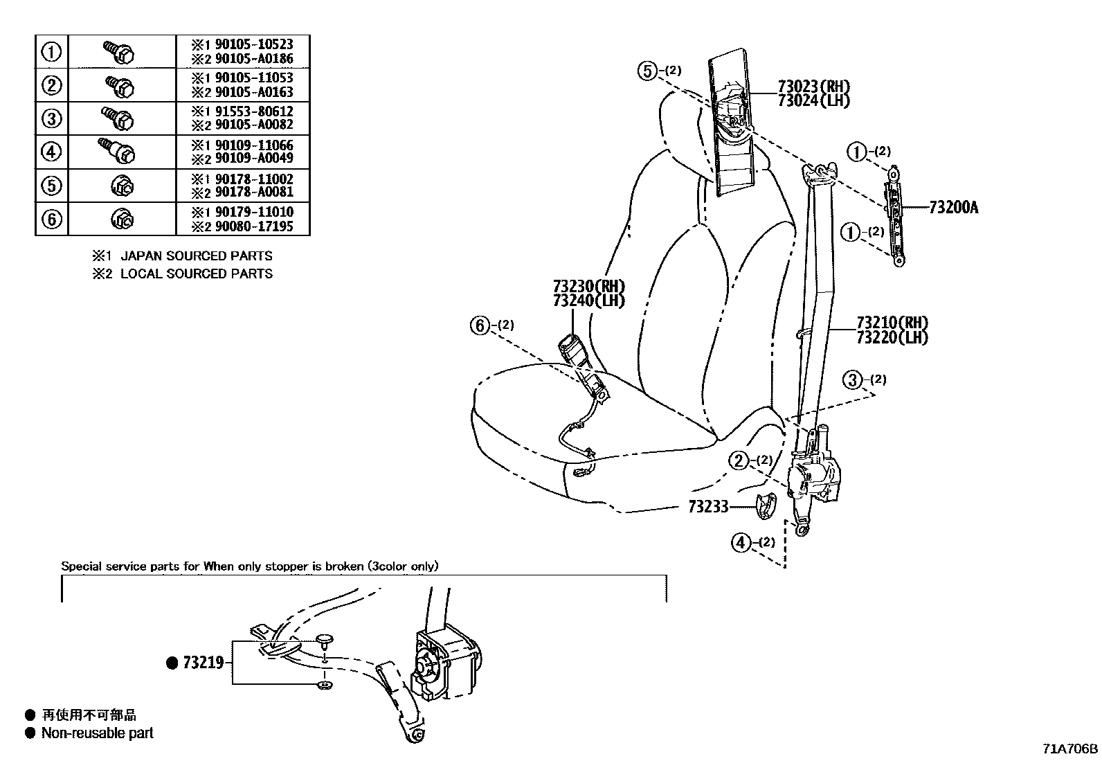 Toyota CAMRY 安全带和儿童保护座椅 EPC diagram — 71A706B