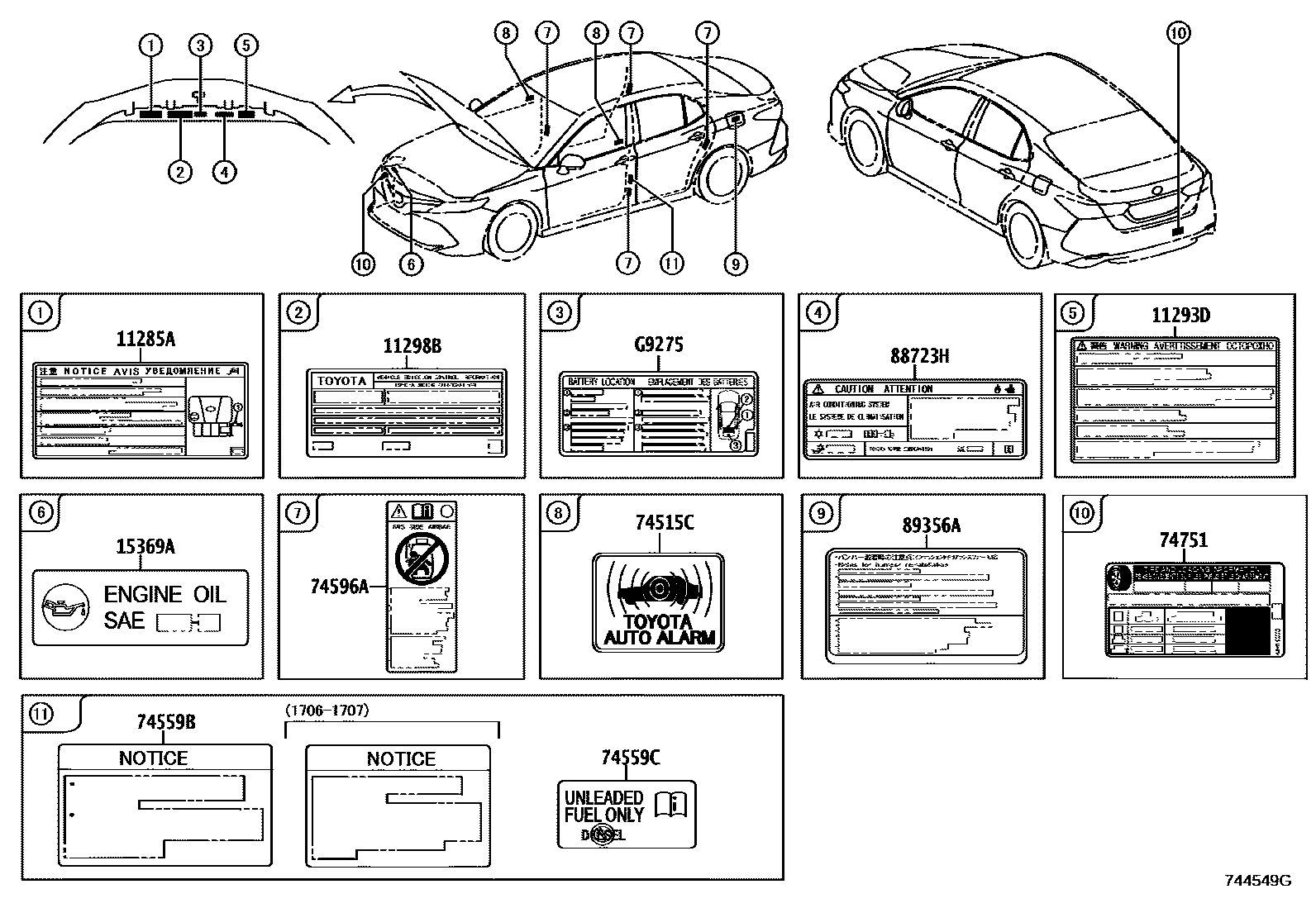 Toyota CAMRY 警示铭牌(车外和车内) EPC diagram — 744549G