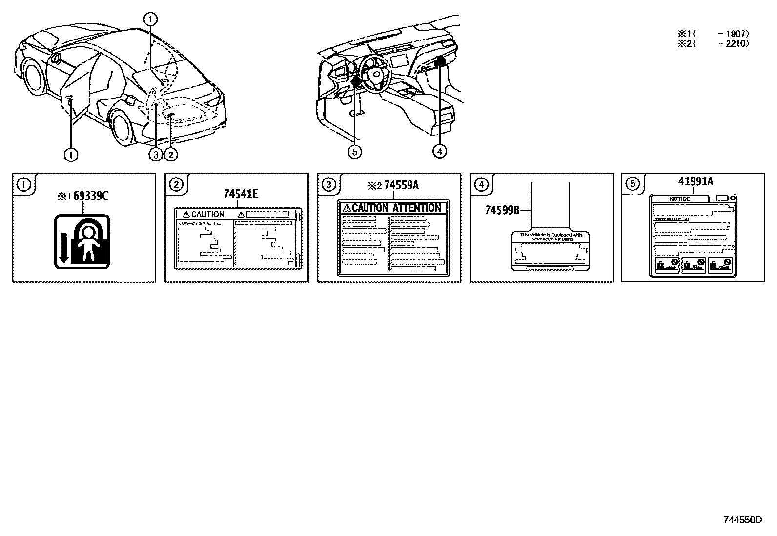 Toyota CAMRY 警示铭牌(车外和车内) EPC diagram — 744550D