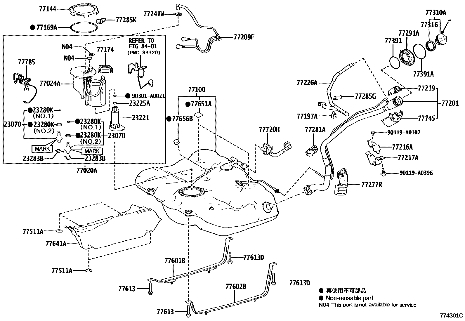 Toyota CAMRY 燃油箱和燃油管 EPC diagram — 774301C