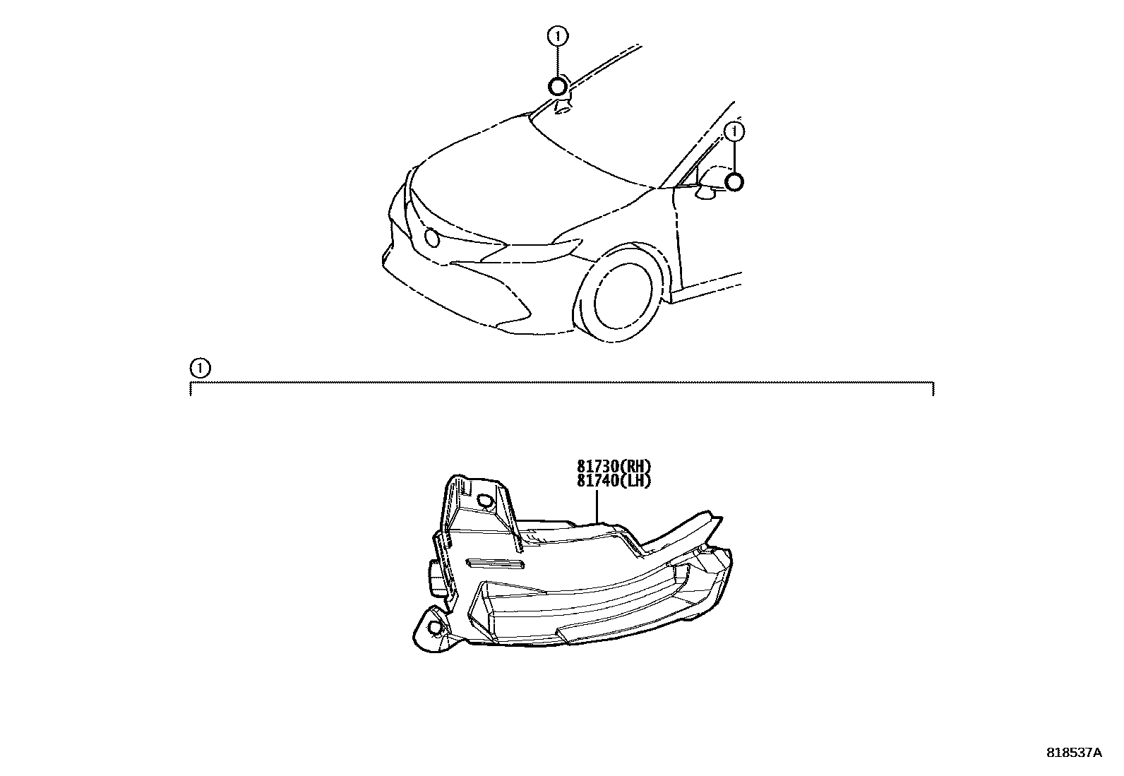 Toyota CAMRY Side Turn Signal & Outer Mirror Lamp EPC diagram — 818537A