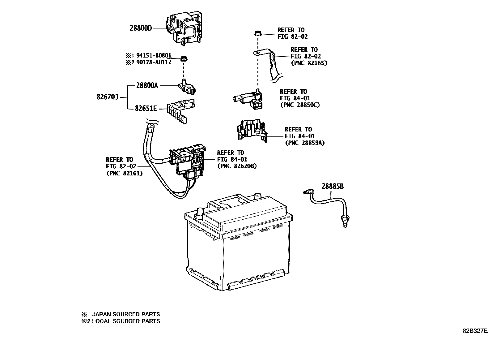Toyota CAMRY 蓄电池和蓄电池电缆 EPC diagram — 82B327E