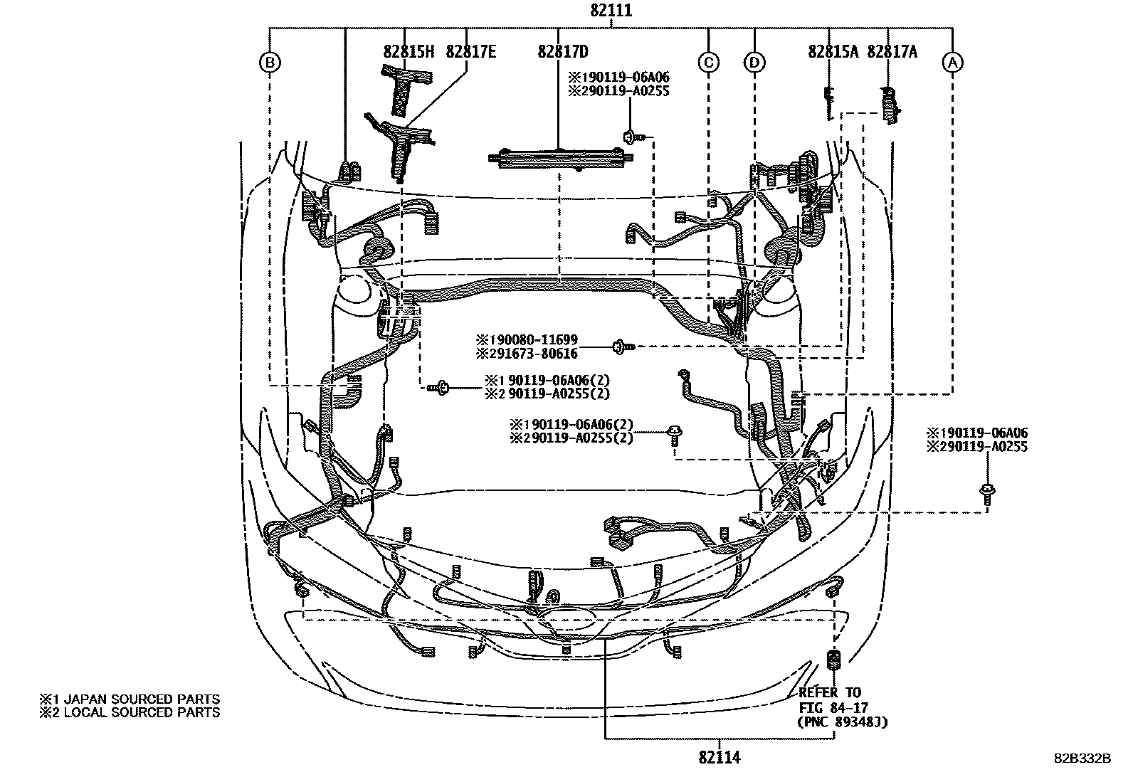 Toyota CAMRY 线束和卡夹 EPC diagram — 82B332B