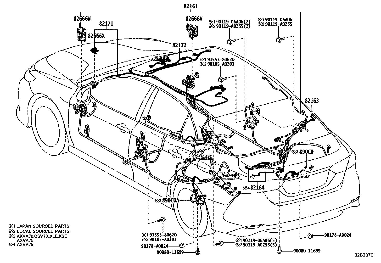 Toyota CAMRY 线束和卡夹 EPC diagram — 82B337C