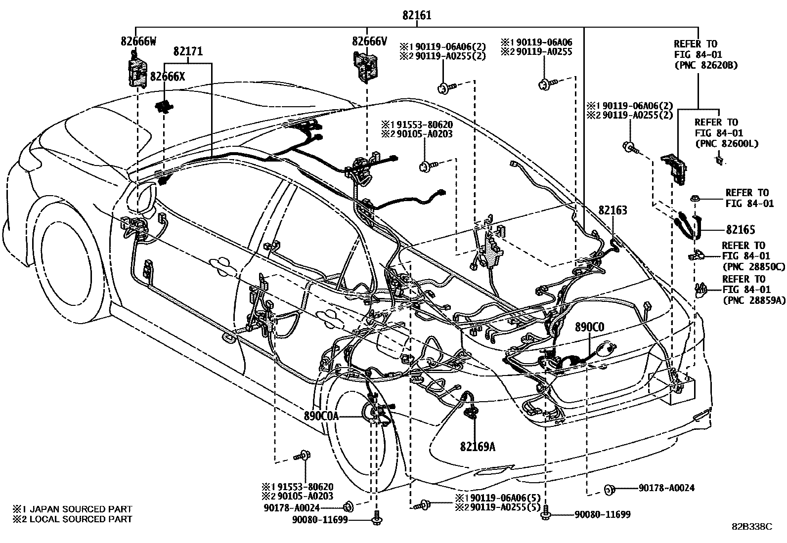 Toyota CAMRY 线束和卡夹 EPC diagram — 82B338C