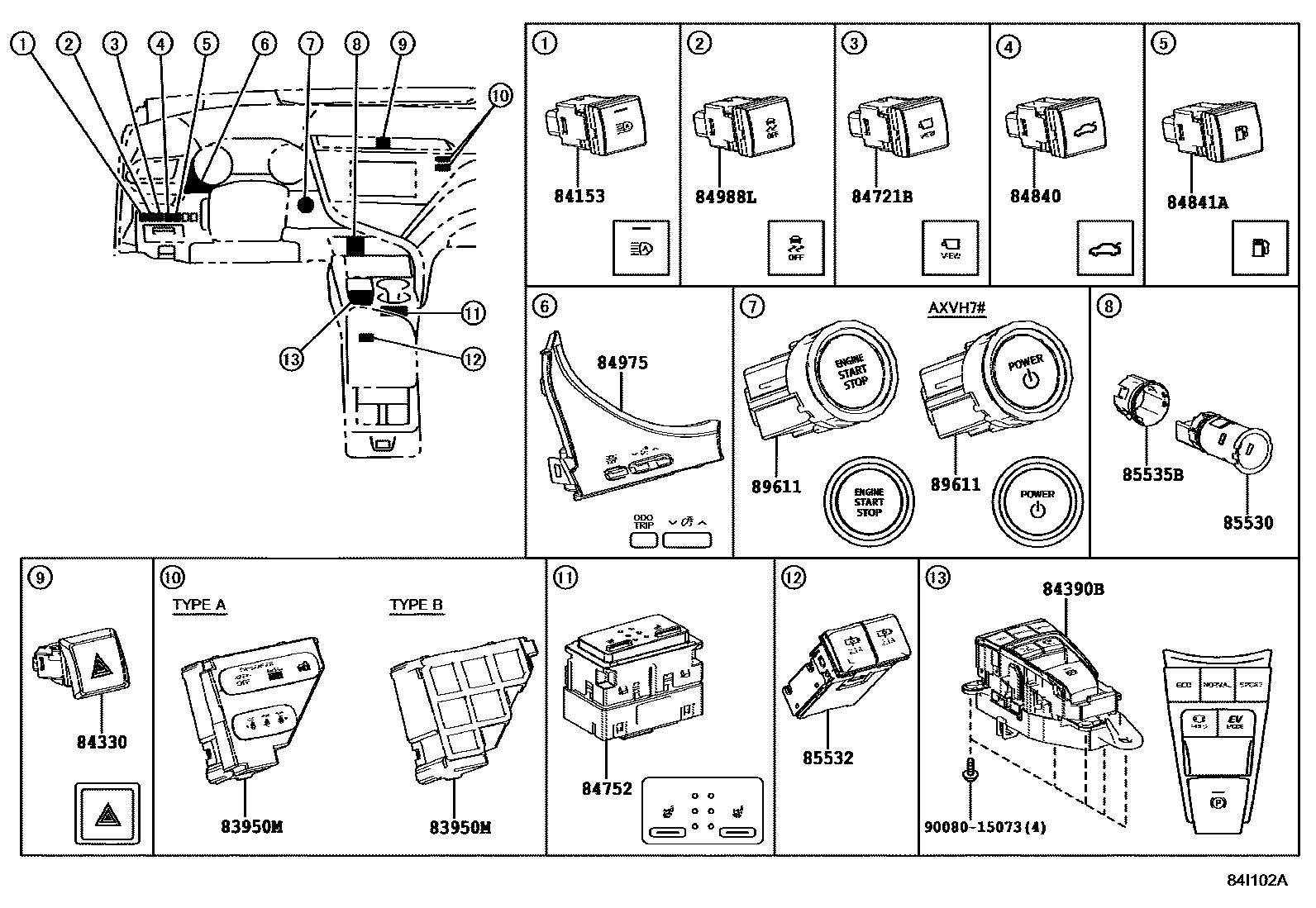 Toyota CAMRY 开关和继电器和ECU EPC diagram — 84I102A