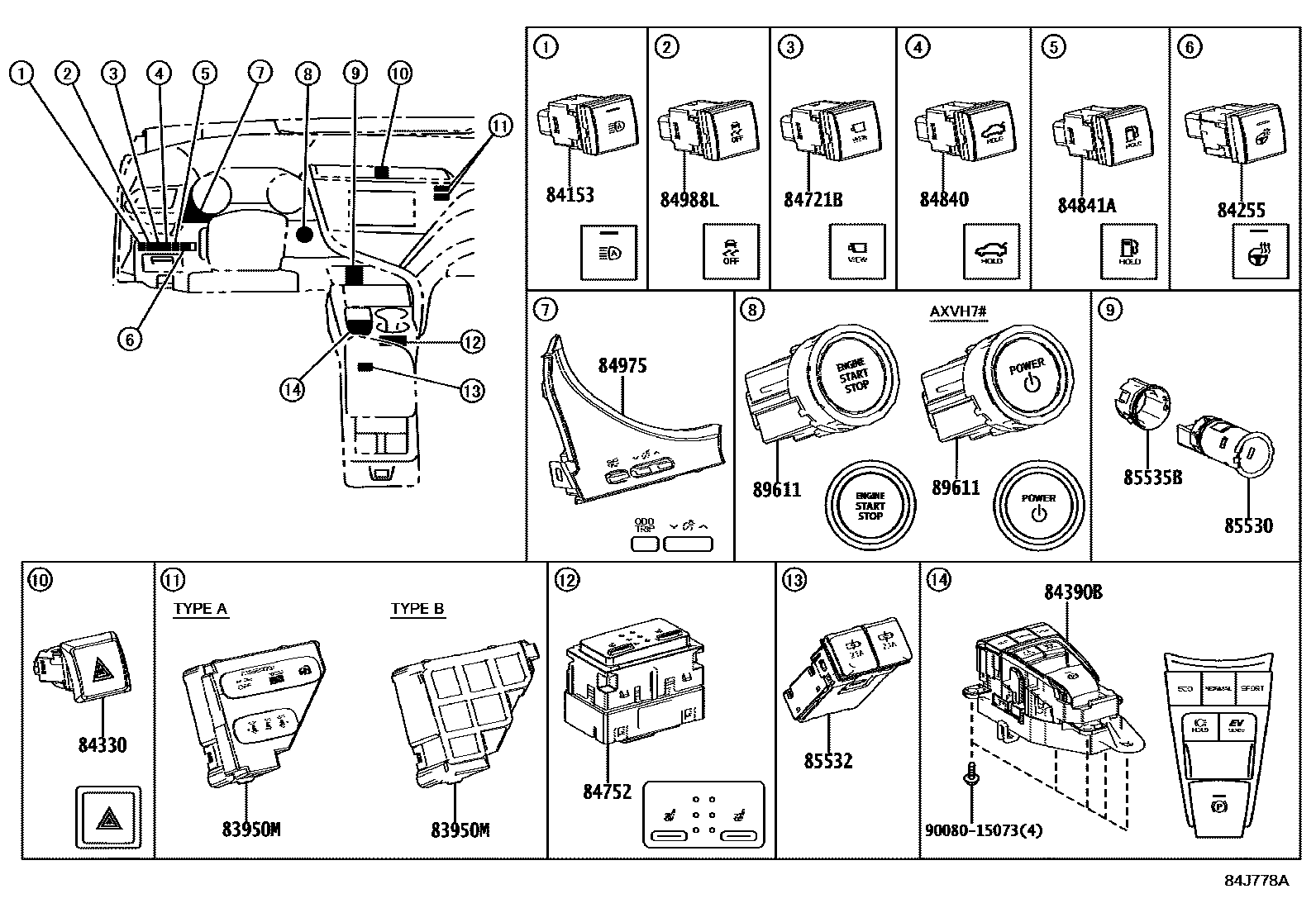 Toyota CAMRY 开关和继电器和ECU EPC diagram — 84J778A