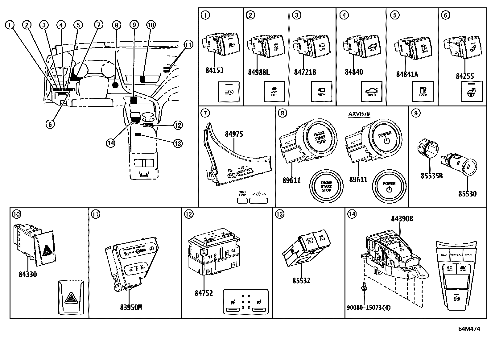 Toyota CAMRY 开关和继电器和ECU EPC diagram — 84M474