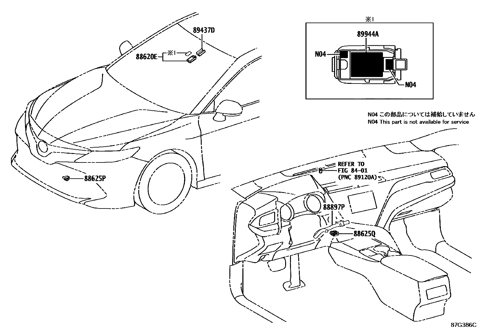 Toyota CAMRY 暖风和空调系统 - 控制器和风管 EPC diagram — 87G386C