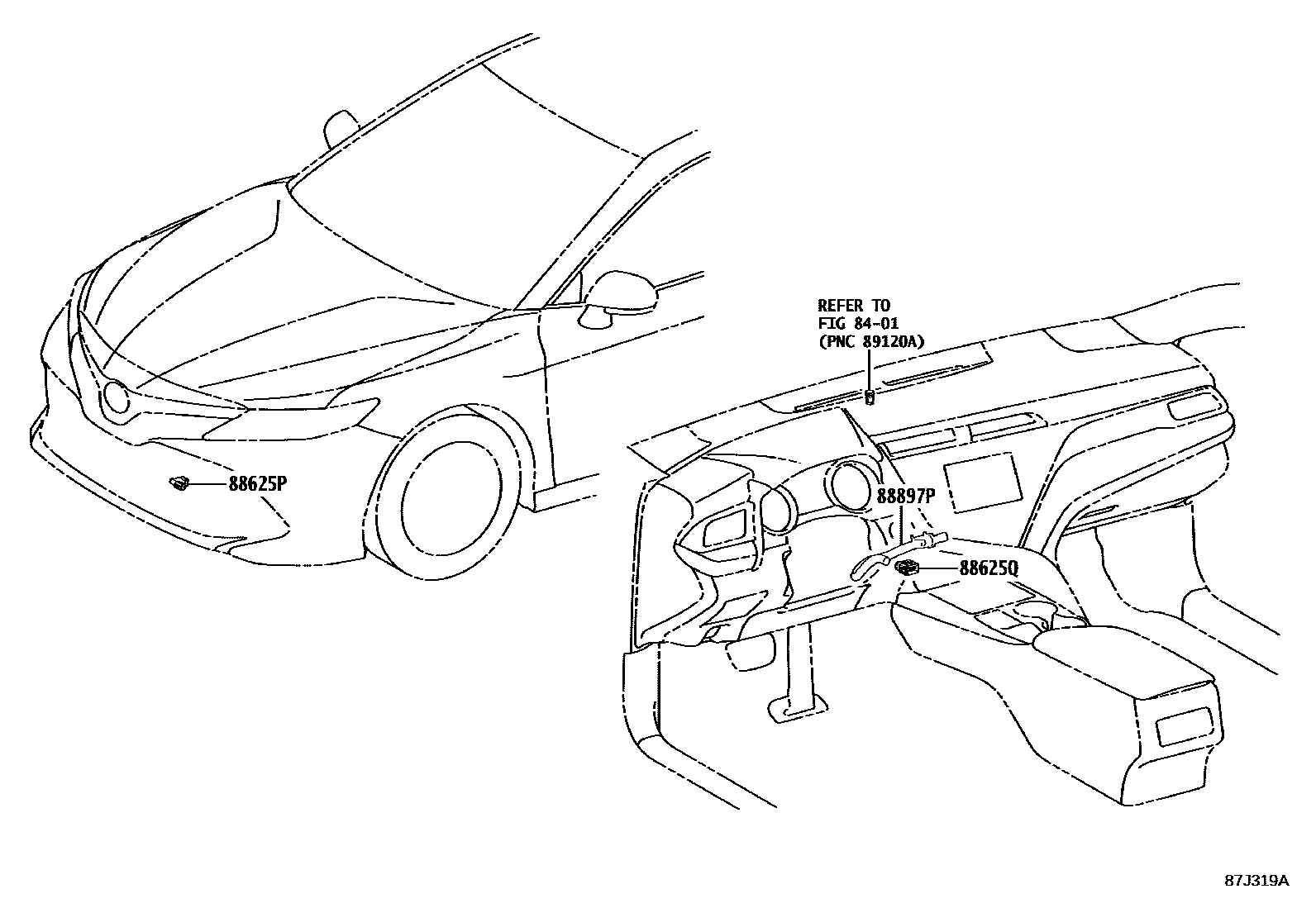 Toyota CAMRY 暖风和空调系统 - 控制器和风管 EPC diagram — 87J319A