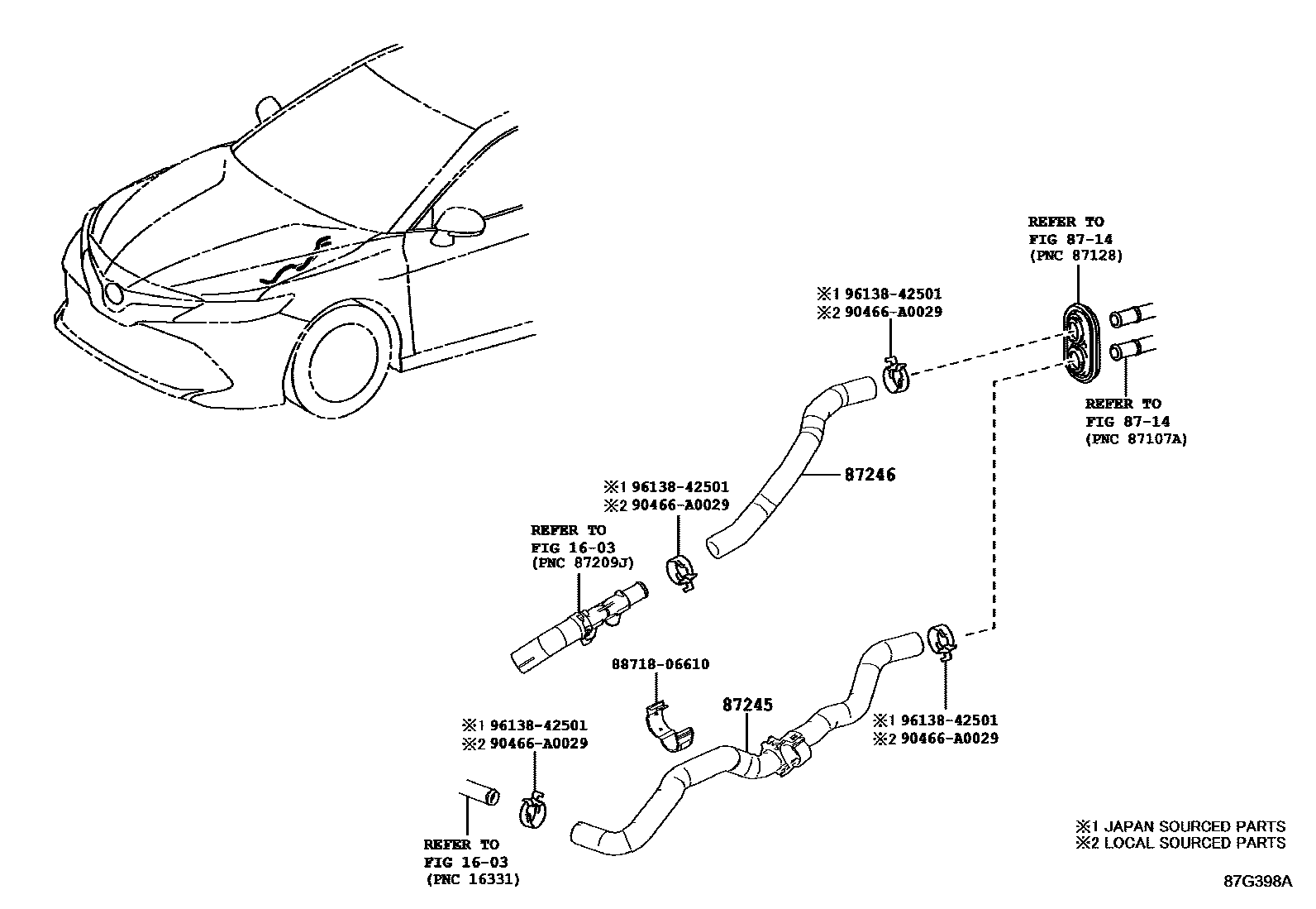 Toyota CAMRY 暖风和空调系统 - 水管 EPC diagram — 87G398A