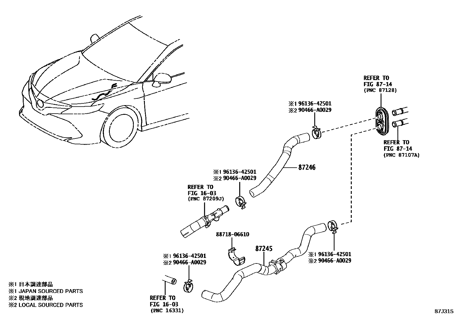Toyota CAMRY 暖风和空调系统 - 水管 EPC diagram — 87J315