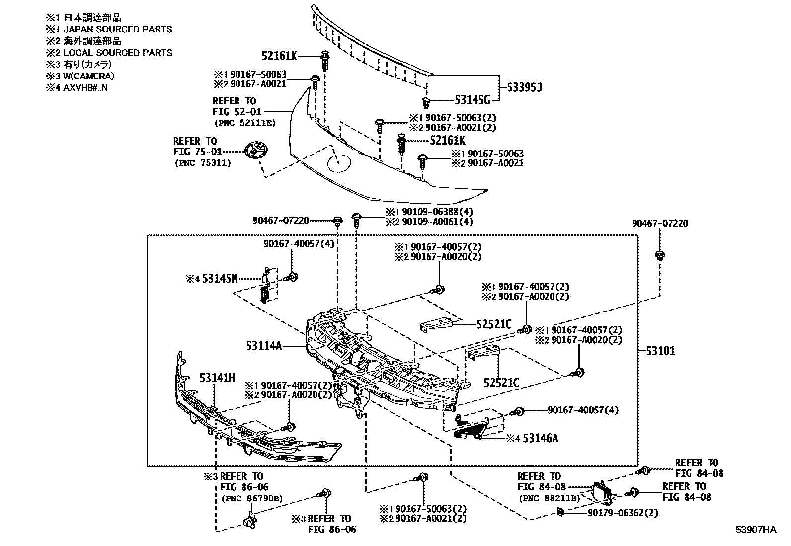 Toyota CAMRY radiator grille EPC diagram — 53907HA