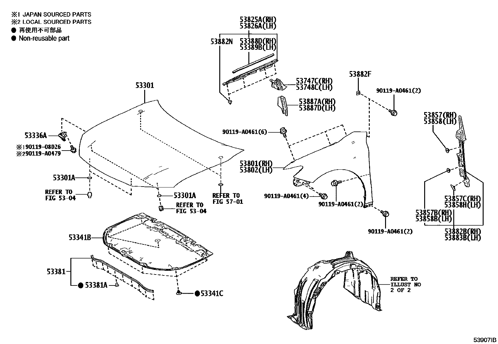 Toyota CAMRY 发动机盖和前翼子板 EPC diagram — 53907IB