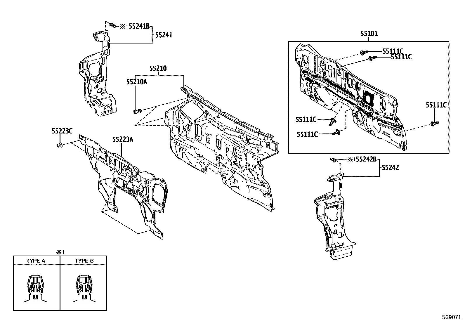 Toyota CAMRY 前翼子板挡泥板和前围板 EPC diagram — 539071