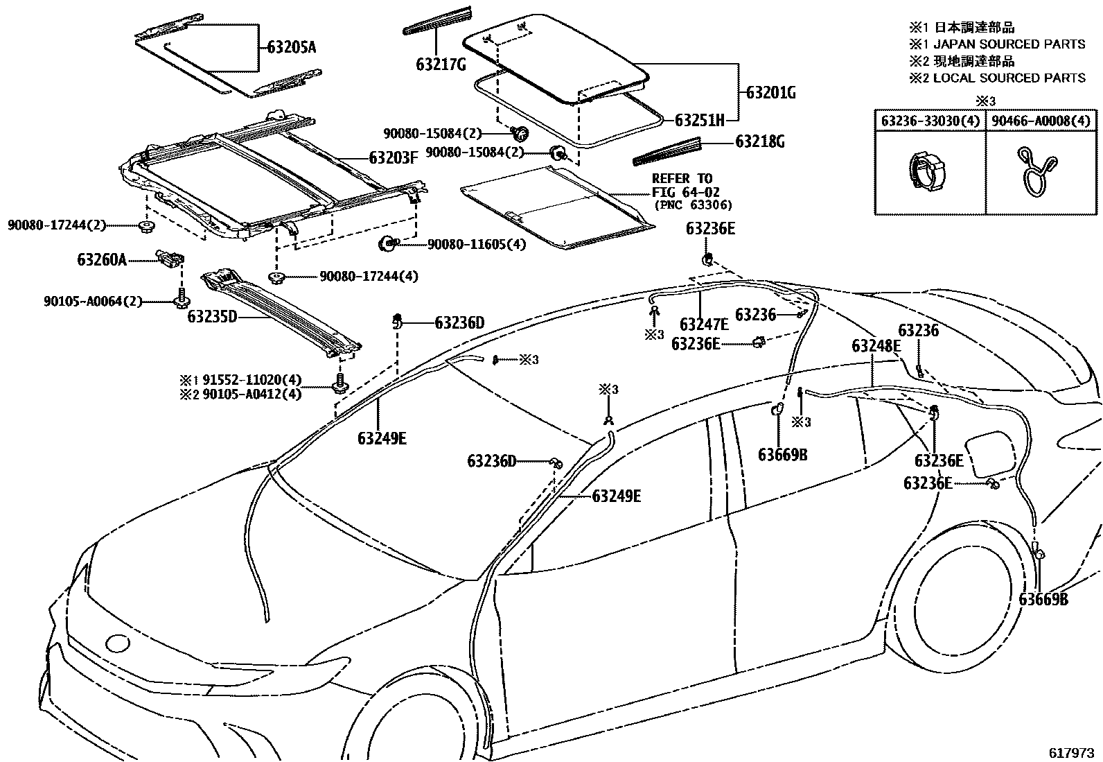 Toyota CAMRY 天窗板和背窗玻璃 EPC diagram — 617973