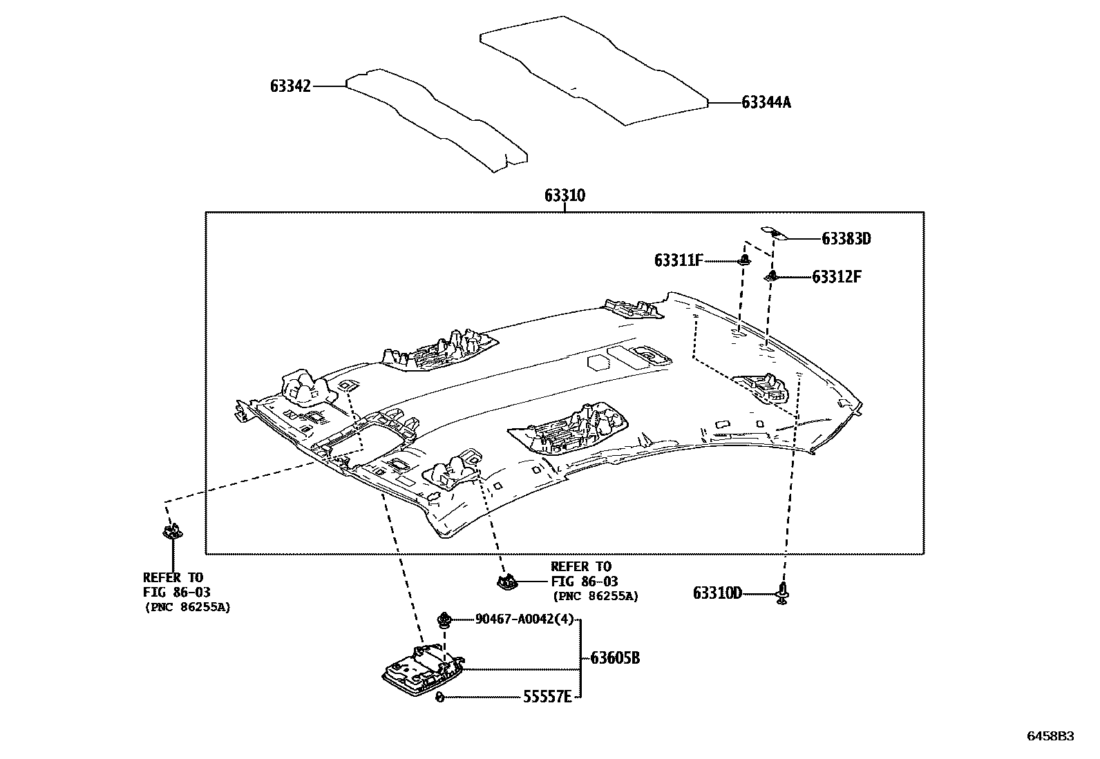 Toyota CAMRY 车顶内衬和消声垫 EPC diagram — 6458B3