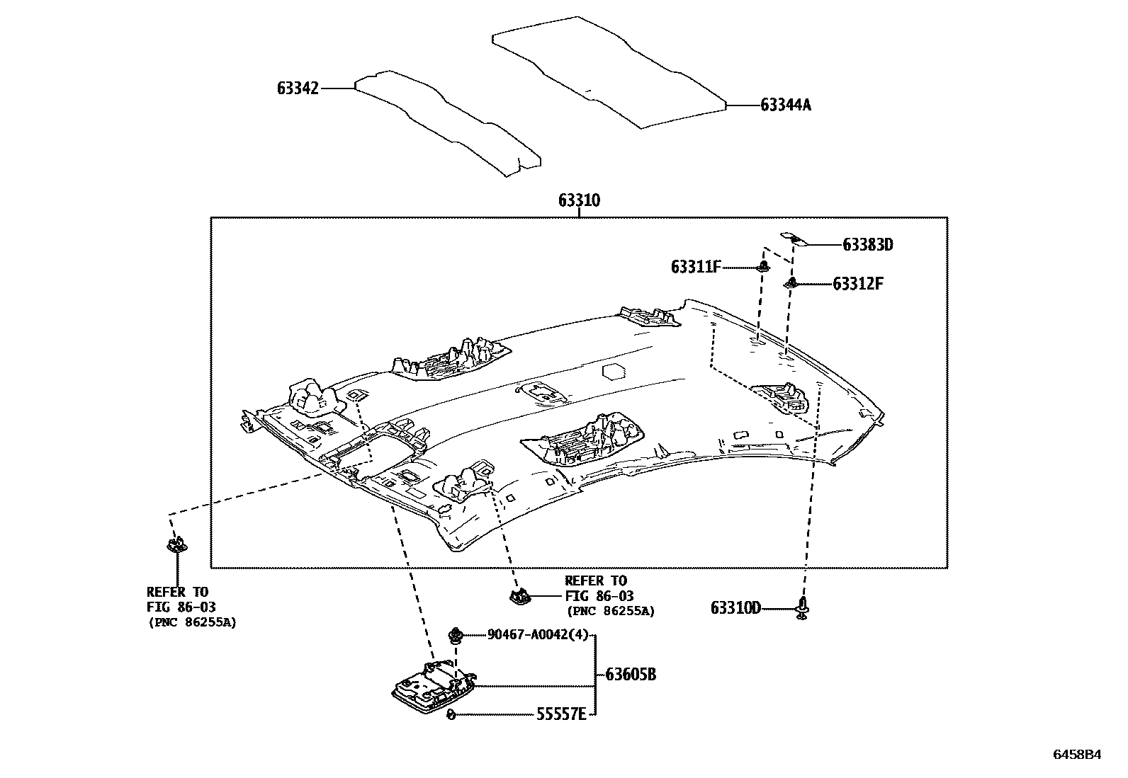 Toyota CAMRY 车顶内衬和消声垫 EPC diagram — 6458B4