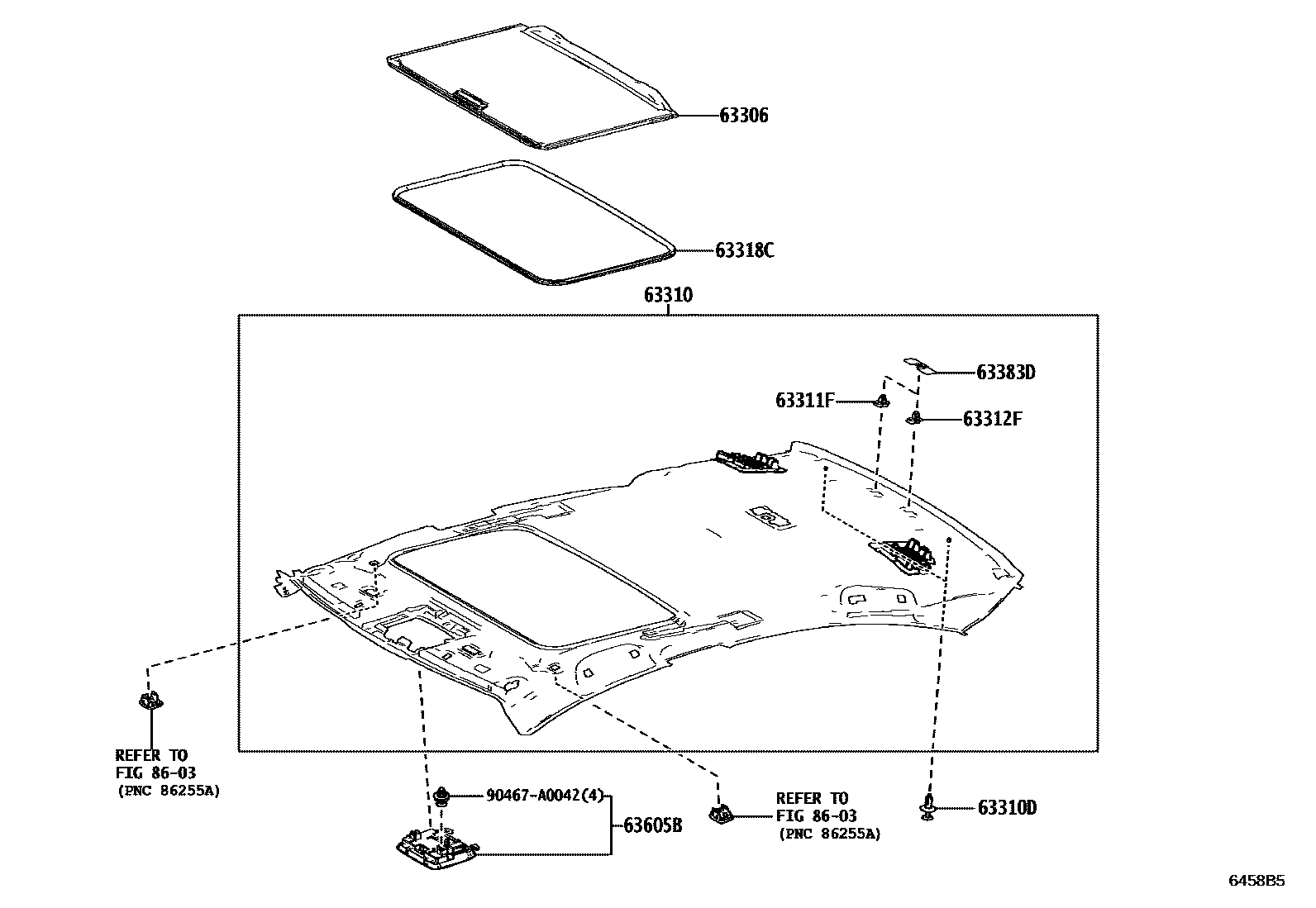 Toyota CAMRY 车顶内衬和消声垫 EPC diagram — 6458B5