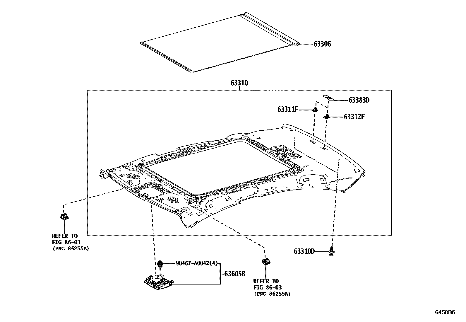 Toyota CAMRY 车顶内衬和消声垫 EPC diagram — 6458B6