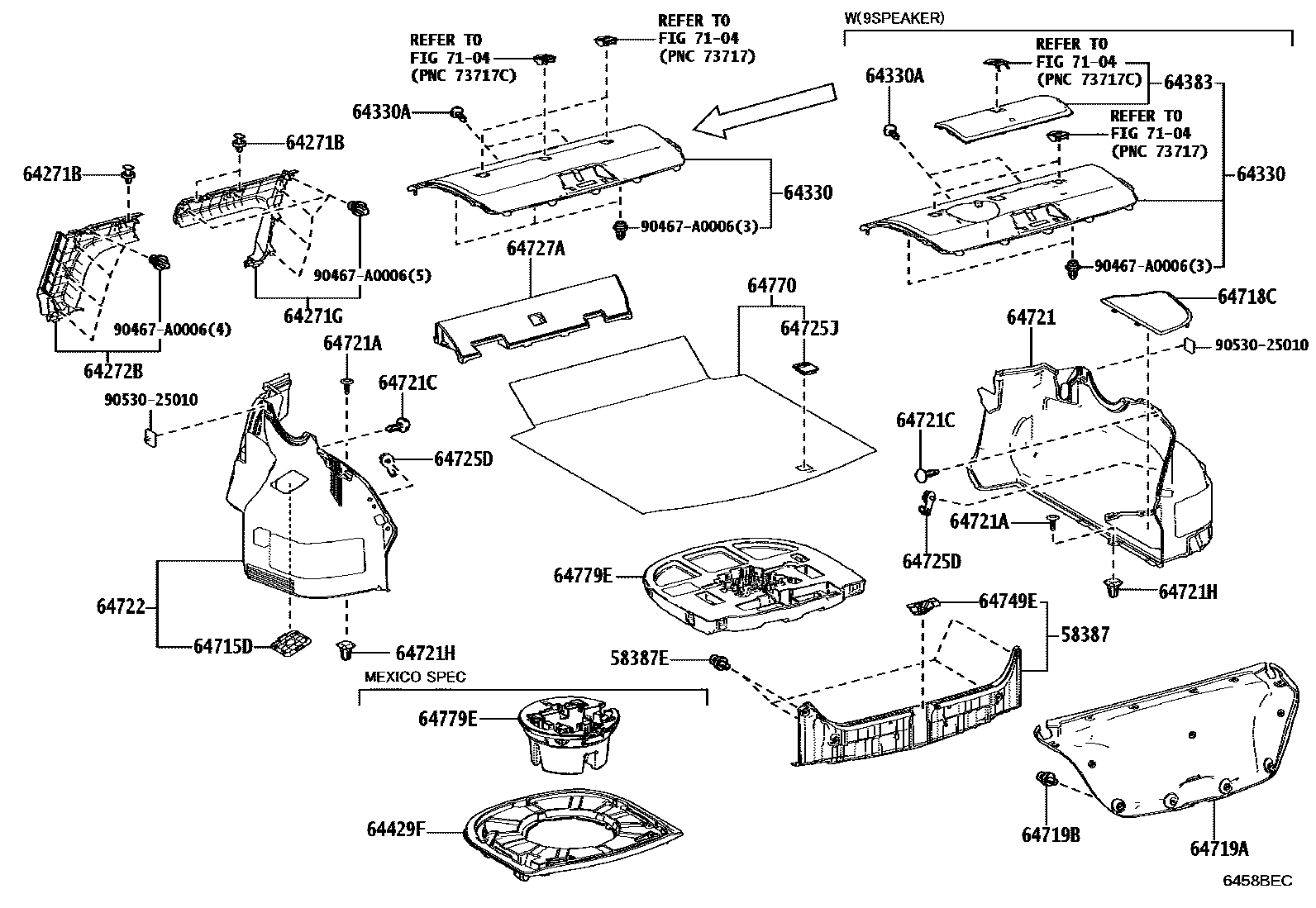 Toyota CAMRY 杂物箱板和行李箱垫 EPC diagram — 6458BEC