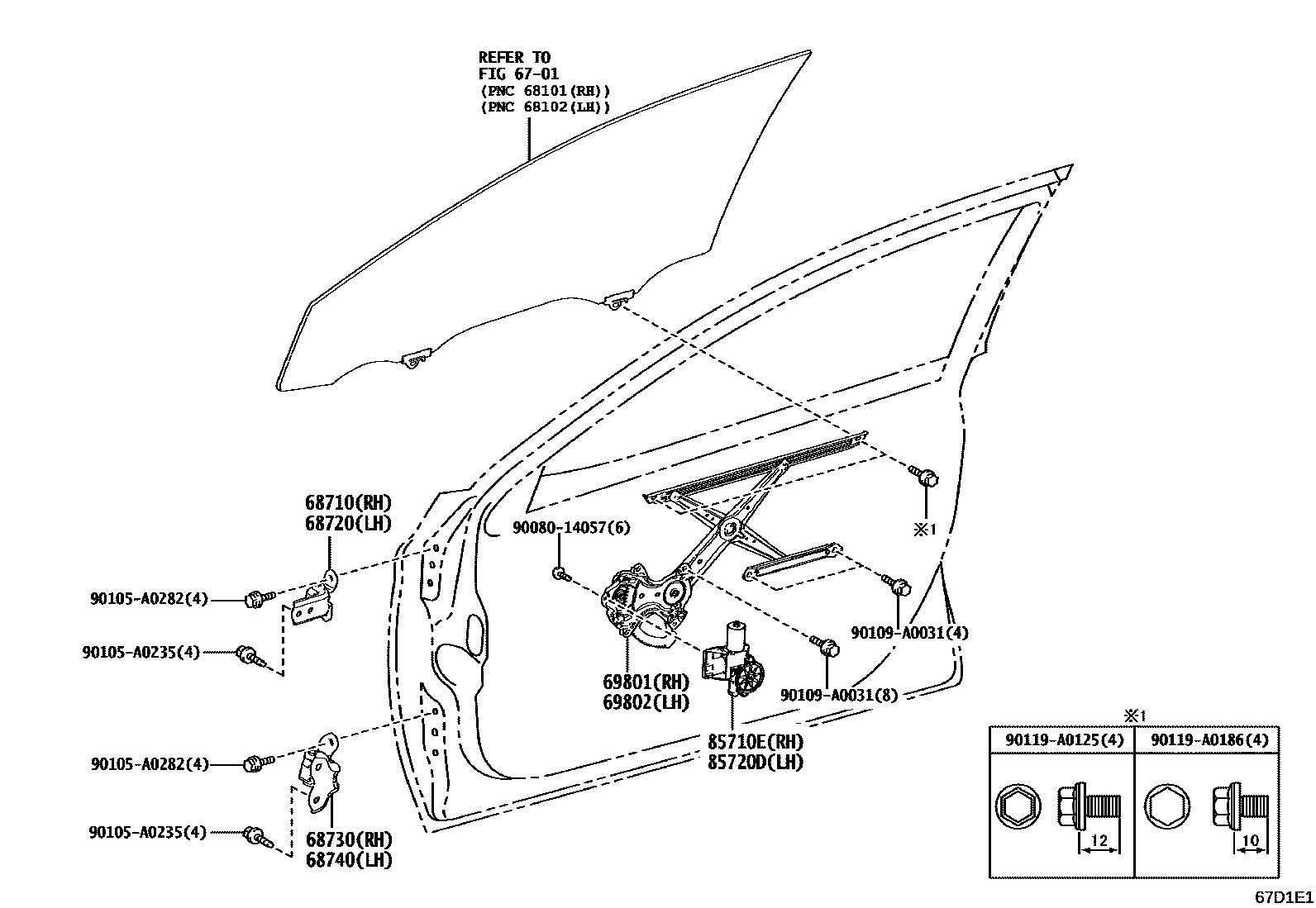 Toyota CAMRY 前门车窗升降器和合页 EPC diagram — 67D1E1