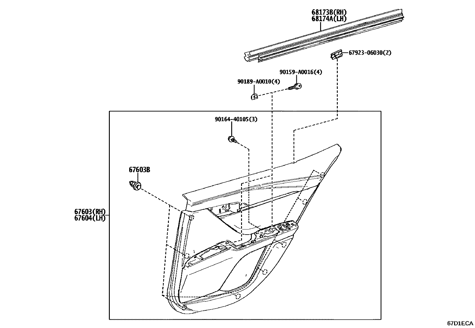 Toyota CAMRY 后门板和后门玻璃 EPC diagram — 67D1ECA