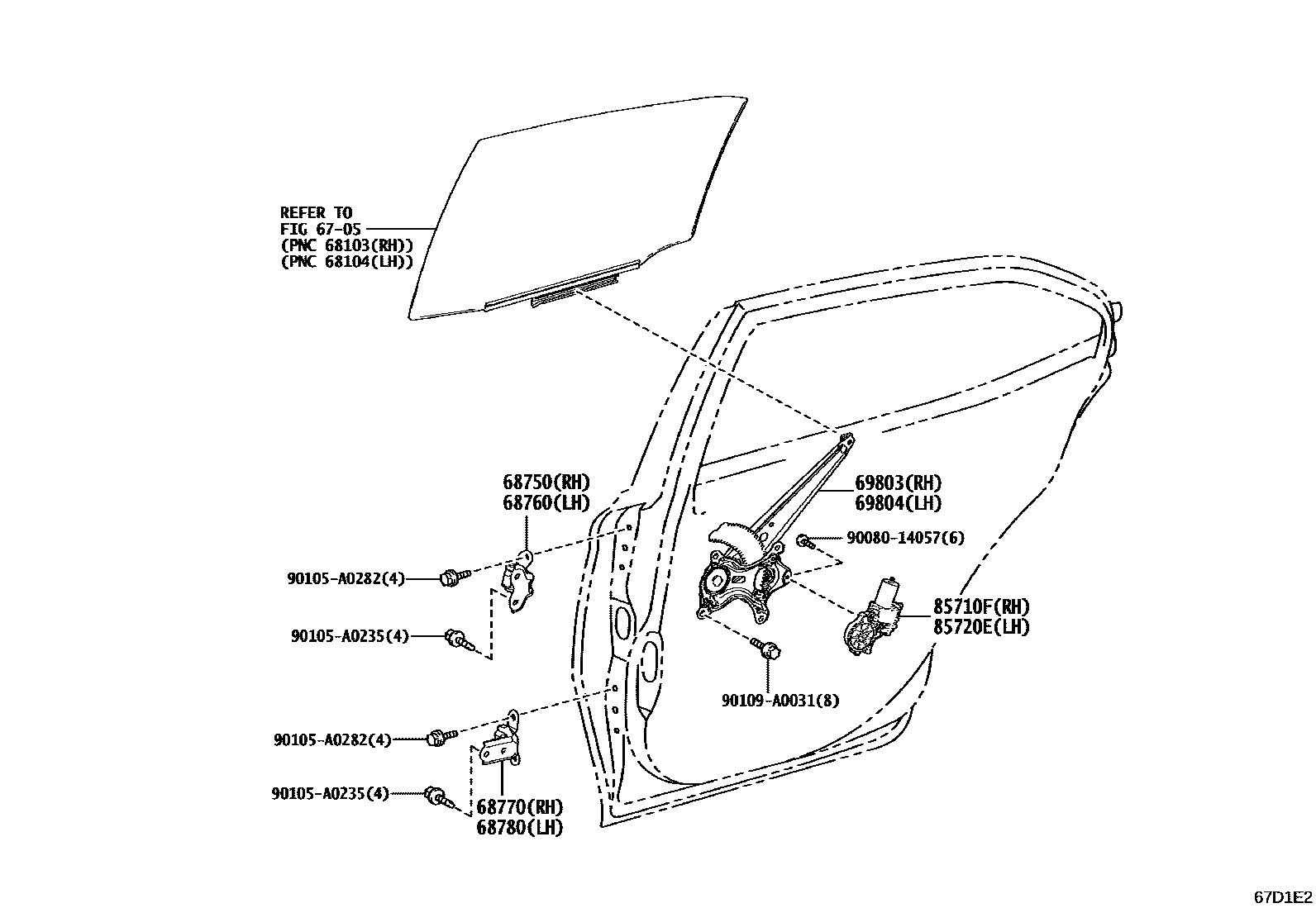 Toyota CAMRY 后门车窗升降器和合页 EPC diagram — 67D1E2