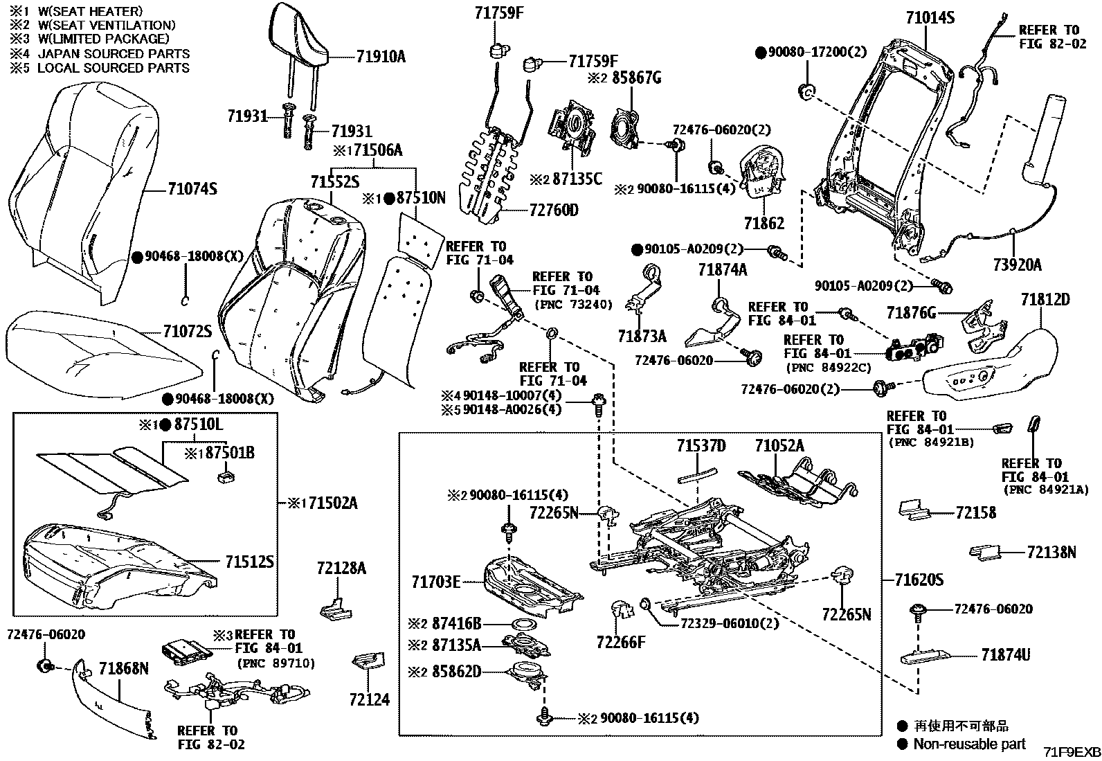Toyota CAMRY 前排座椅和座椅滑轨 EPC diagram — 71F9EXB
