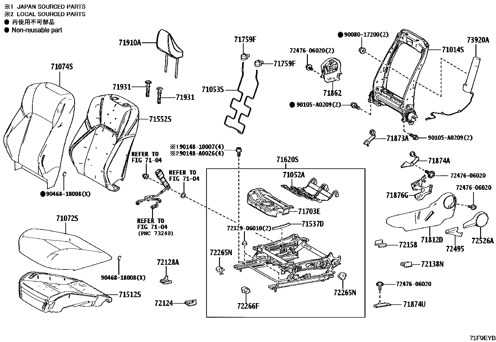 Toyota CAMRY 前排座椅和座椅滑轨 EPC diagram — 71F9EYB