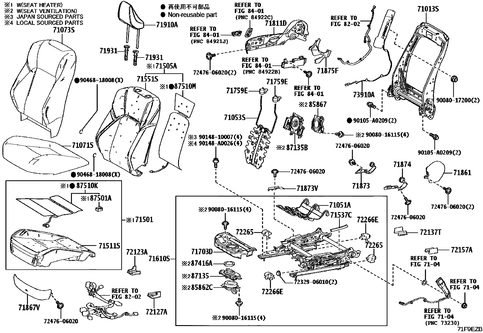 Toyota CAMRY 前排座椅和座椅滑轨 EPC diagram — 71F9EZB