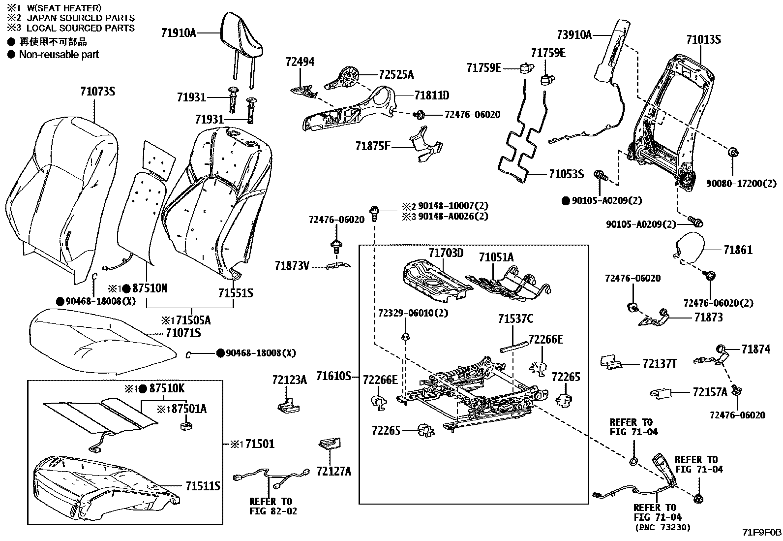 Toyota CAMRY 前排座椅和座椅滑轨 EPC diagram — 71F9F0B