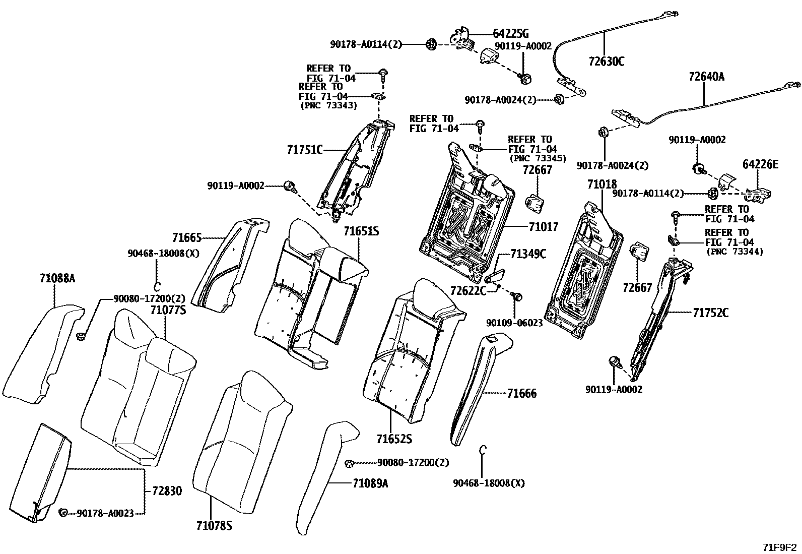 Toyota CAMRY 后排座椅和座椅滑轨 EPC diagram — 71F9F2