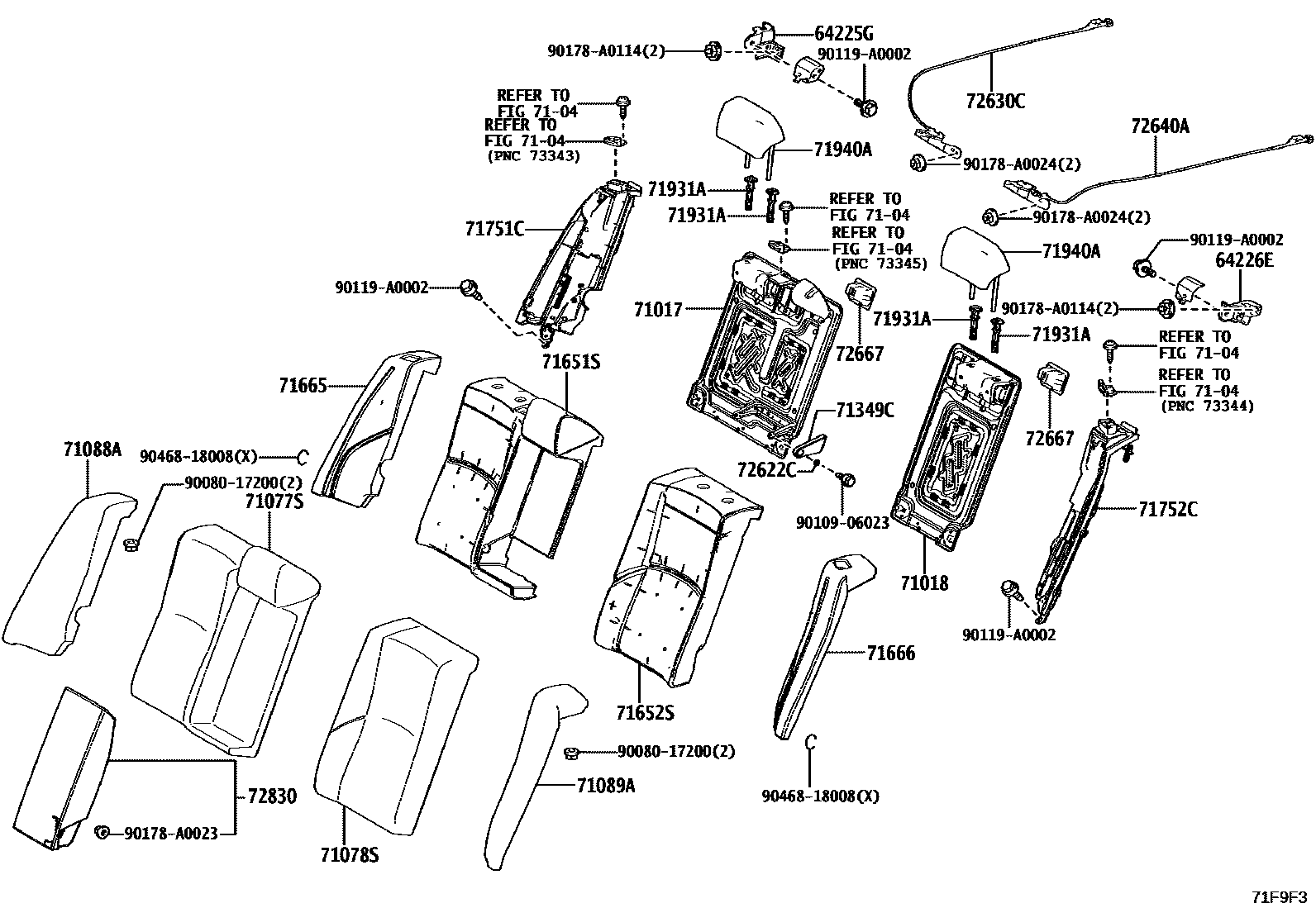 Toyota CAMRY 后排座椅和座椅滑轨 EPC diagram — 71F9F3