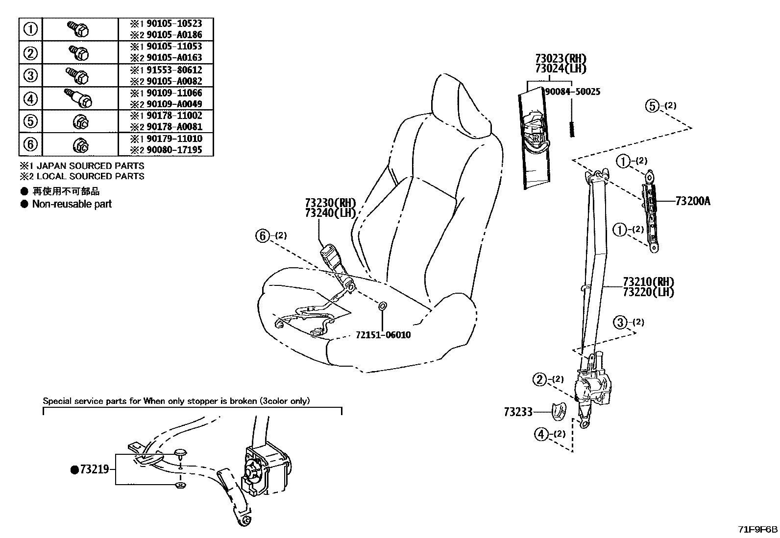Toyota CAMRY 安全带和儿童保护座椅 EPC diagram — 71F9F6B