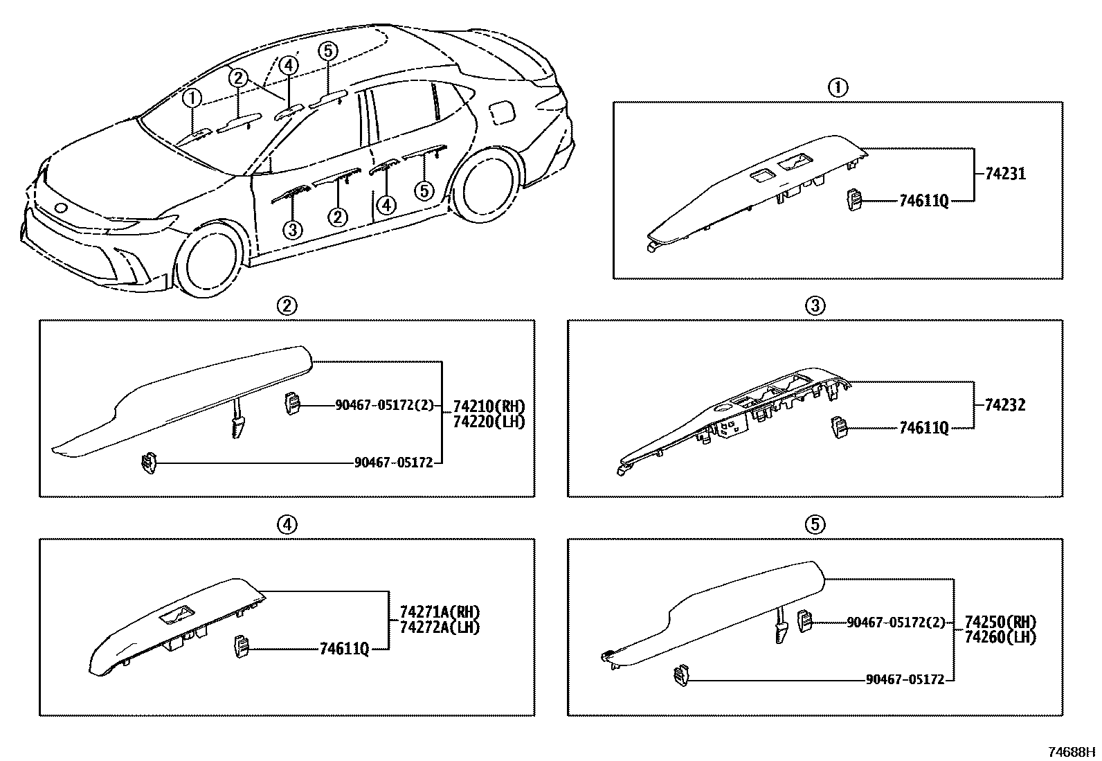 Toyota CAMRY 扶手和遮阳板 EPC diagram — 74688H