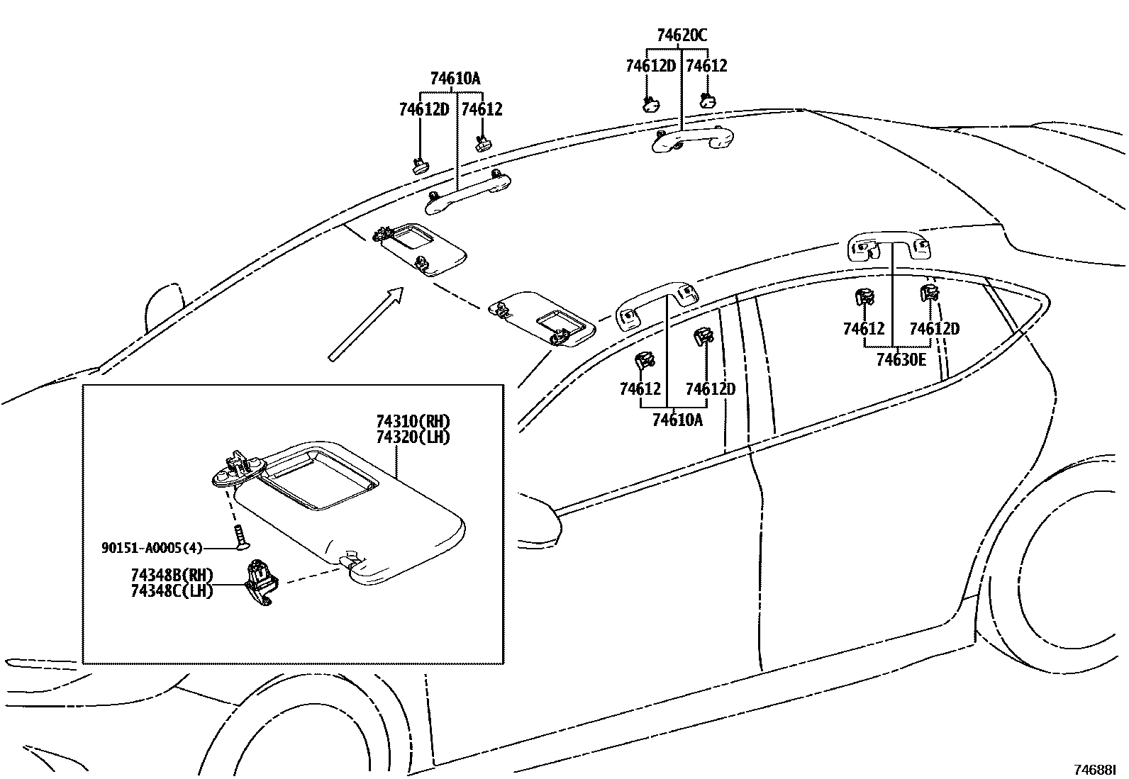 Toyota CAMRY 扶手和遮阳板 EPC diagram — 74688I