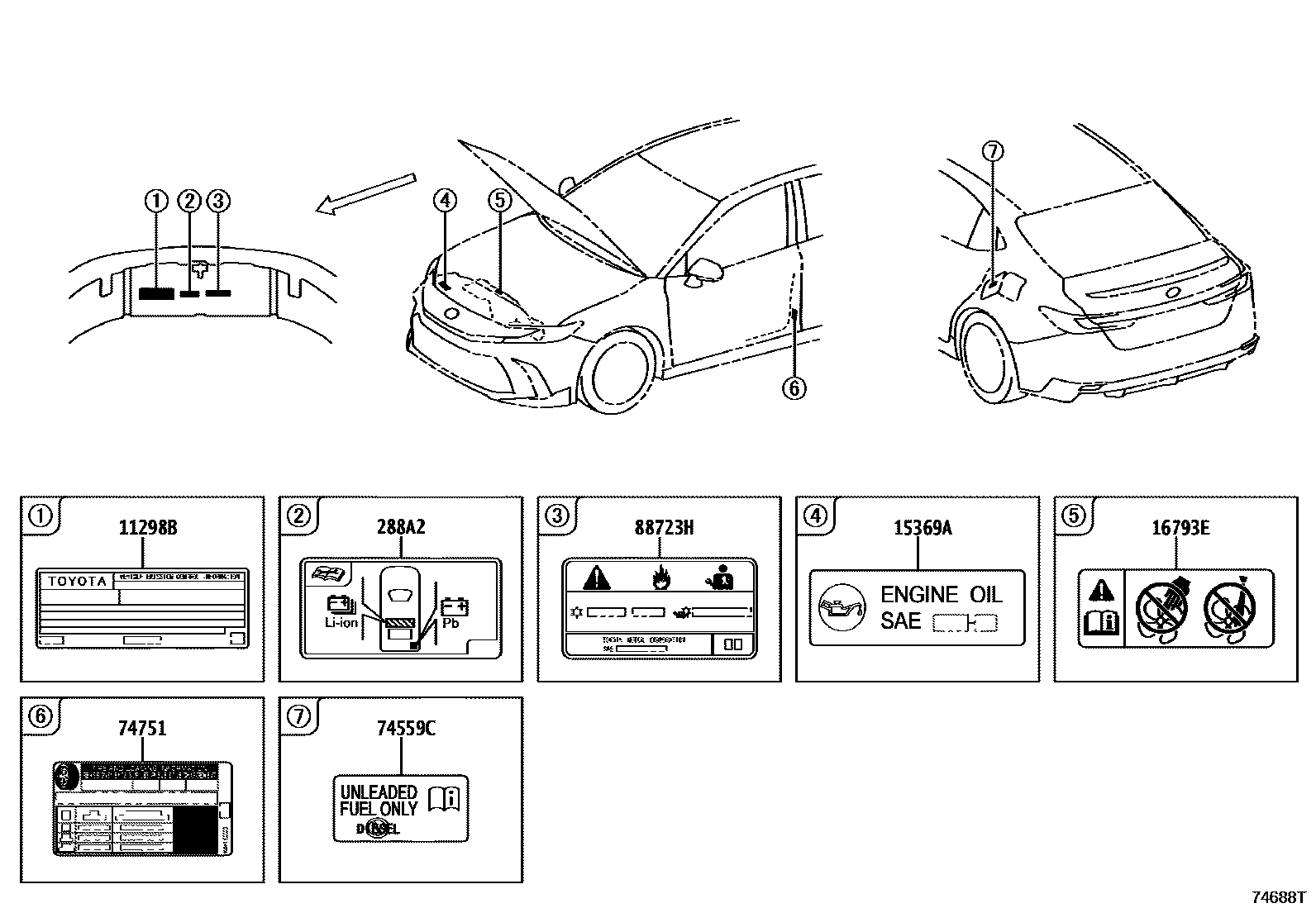 Toyota CAMRY 警示铭牌(车外和车内) EPC diagram — 74688T