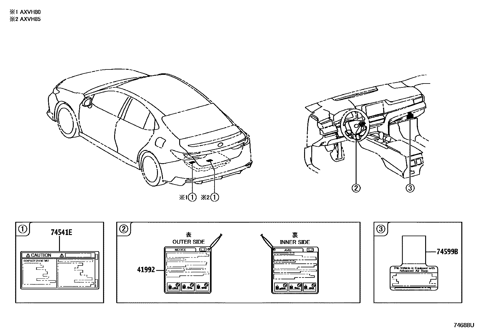 Toyota CAMRY 警示铭牌(车外和车内) EPC diagram — 74688UA