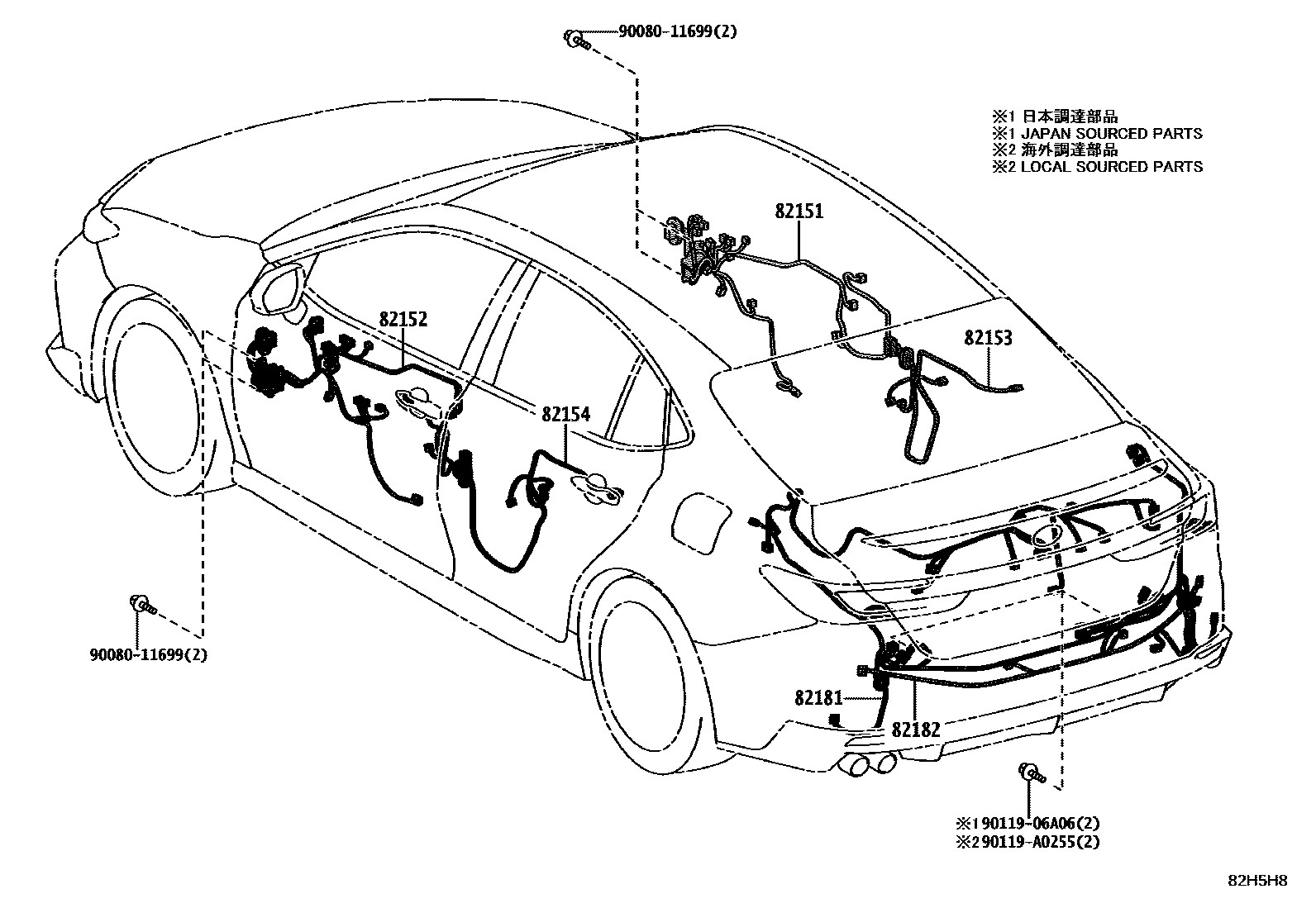 Toyota CAMRY 线束和卡夹 EPC diagram — 82H5H8