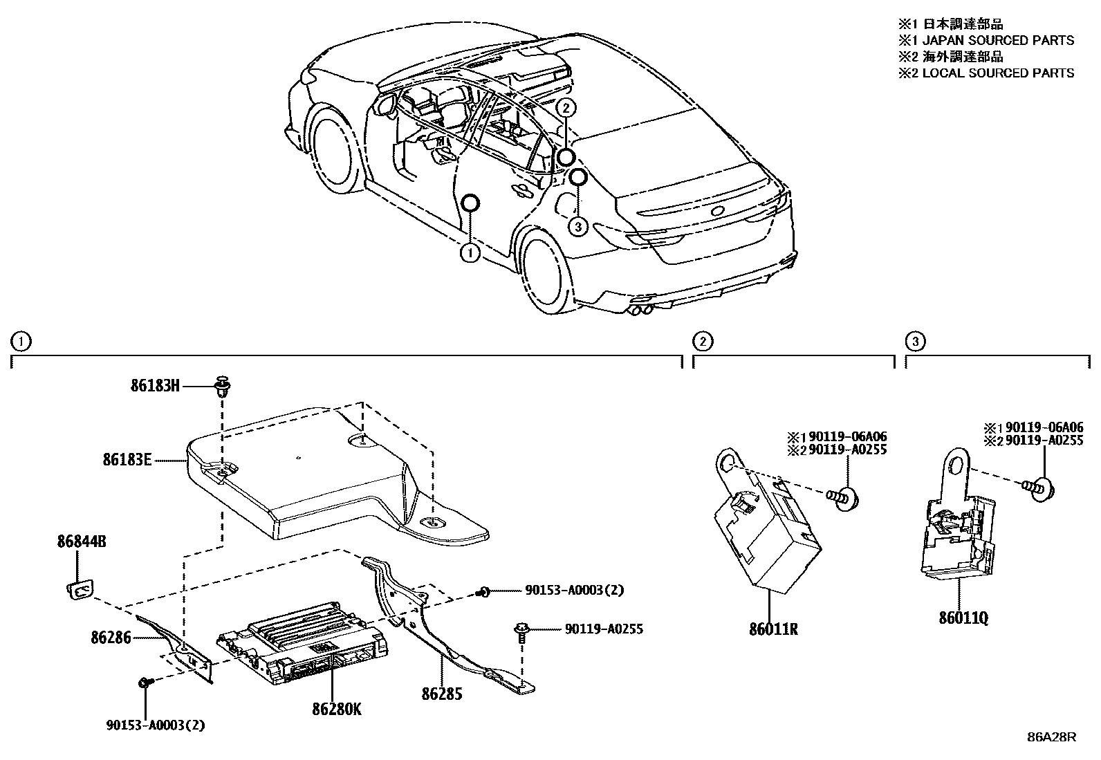Toyota CAMRY 收音机、放大器和冷凝器 EPC diagram — 86A28R