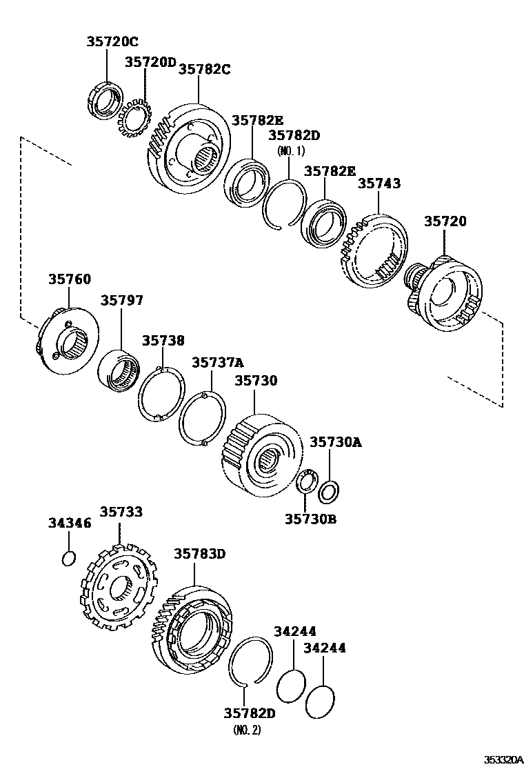 Toyota CAMRY 行星齿轮、倒档活塞和中间轴齿轮(ATM) EPC diagram — 353320A