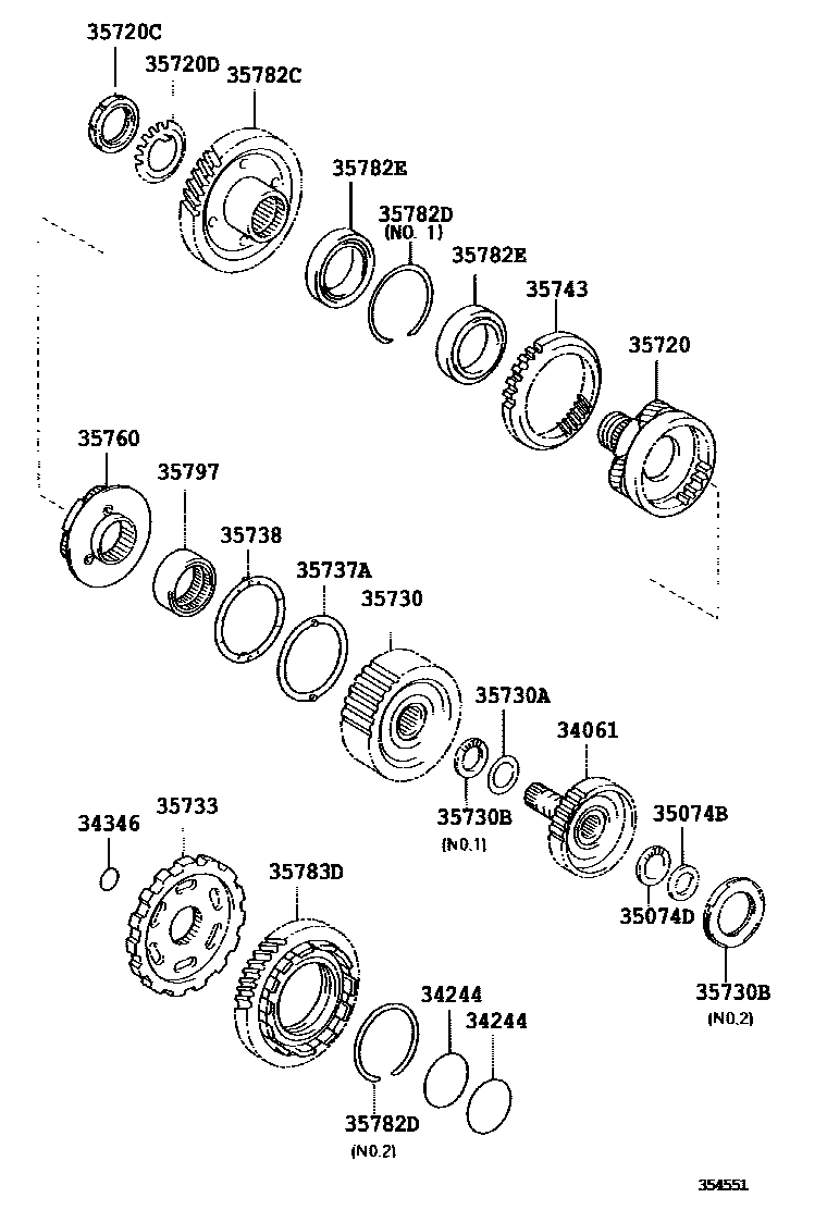 Toyota CAMRY 行星齿轮、倒档活塞和中间轴齿轮(ATM) EPC diagram — 354551