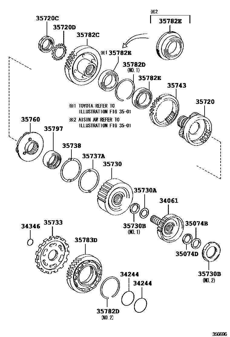 Toyota CAMRY 行星齿轮、倒档活塞和中间轴齿轮(ATM) EPC diagram — 356696