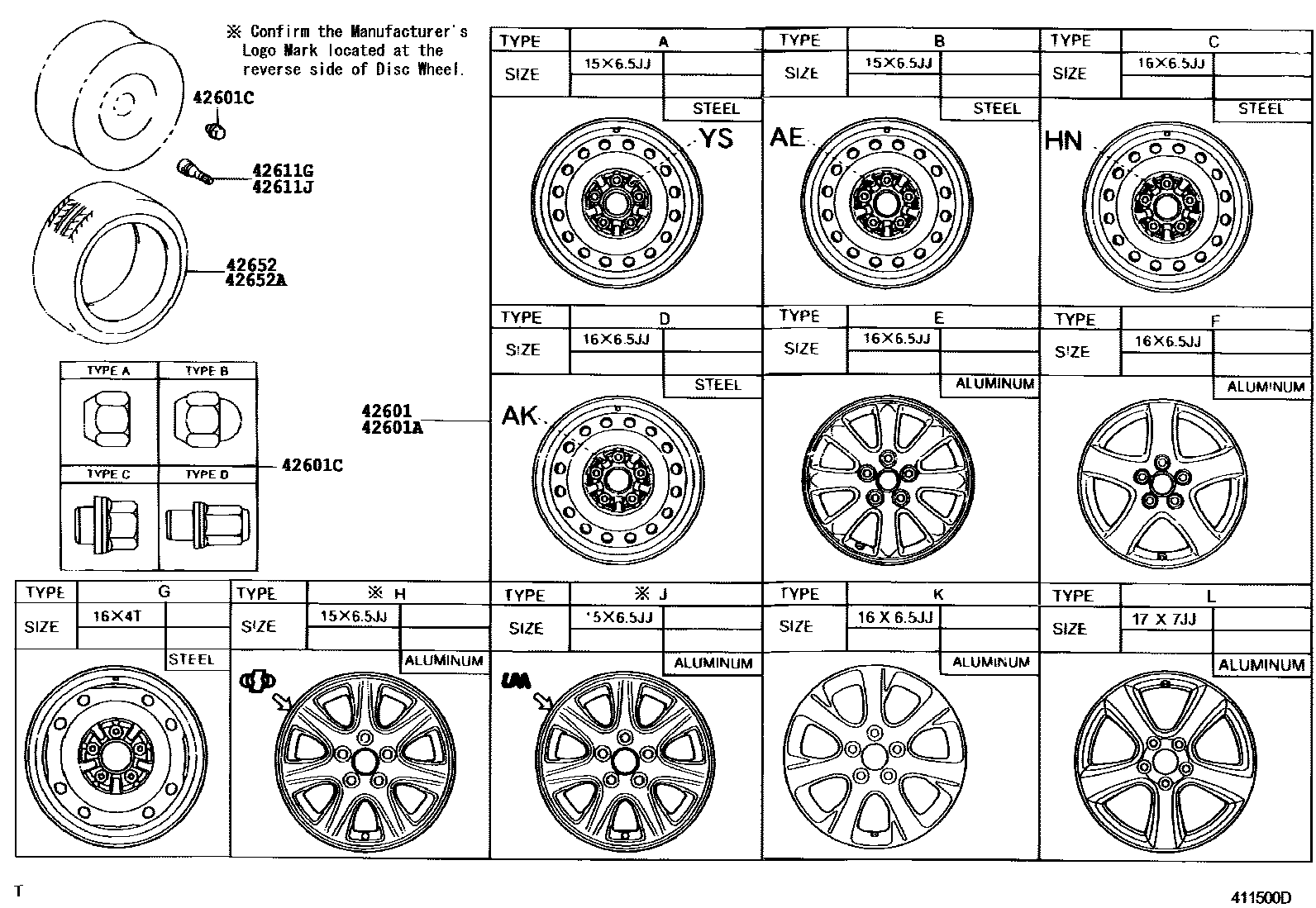 Toyota CAMRY 车轮和车轮盖 EPC diagram — 411500D